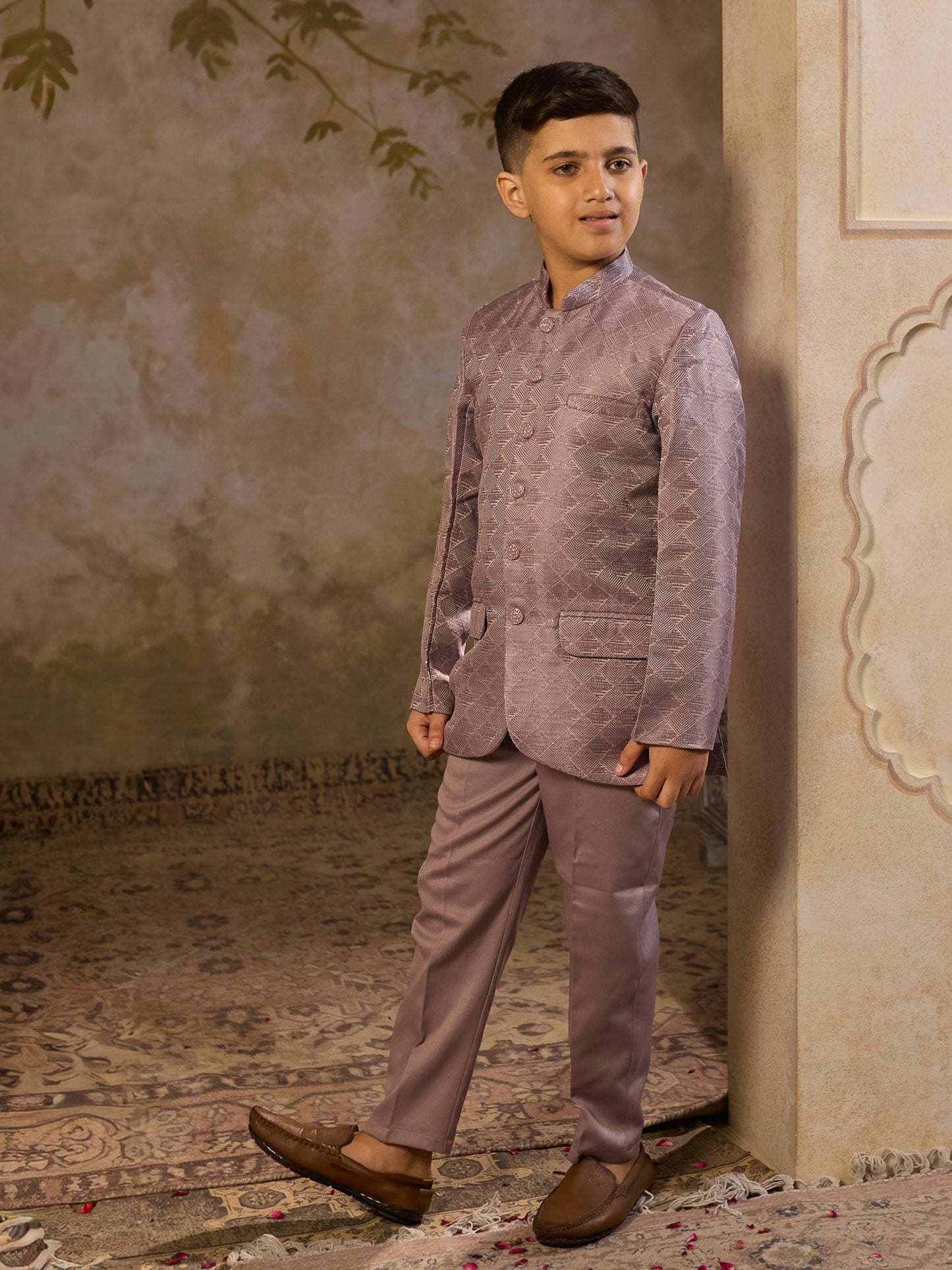 Boys Purple Jacquard Full Sleeves Sequins and Embroidery Sherwani