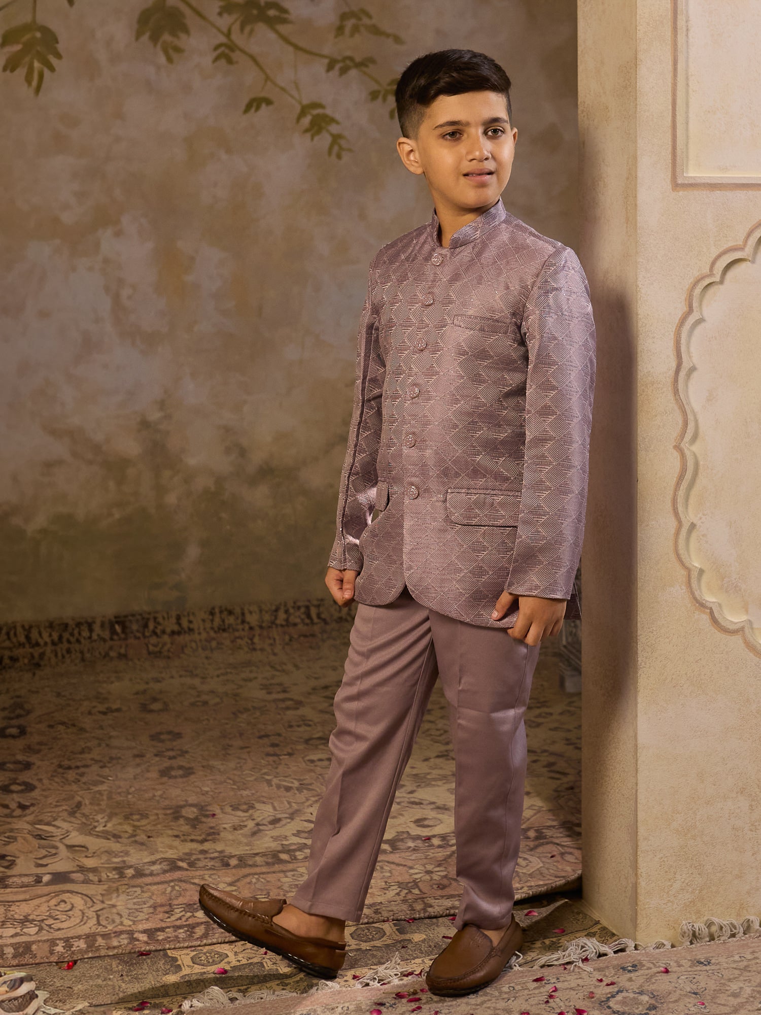 Boys Purple Jacquard Full Sleeves Sequins and Embroidery Sherwani