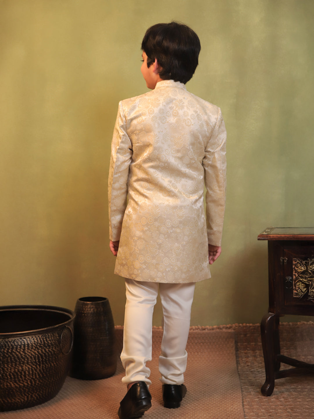 Cream Jacquard Full Sleeves Sherwani with Rich Floral Embroidery for boys