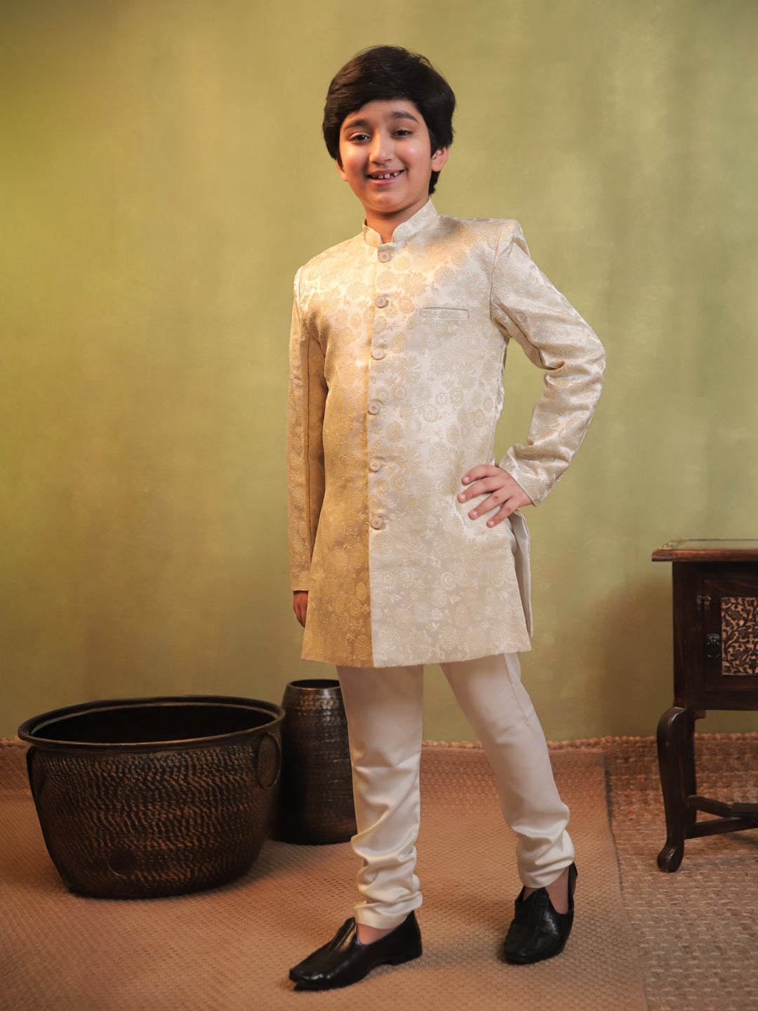 AJ Dezines Cream Jacquard Full Sleeves Rich Floral Embroidery Sherwani