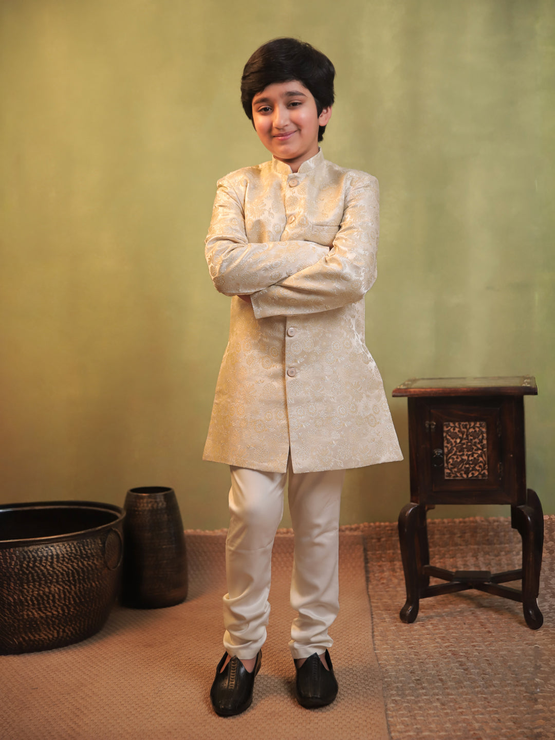 AJ Dezines Cream Jacquard Full Sleeves Rich Floral Embroidery Sherwani