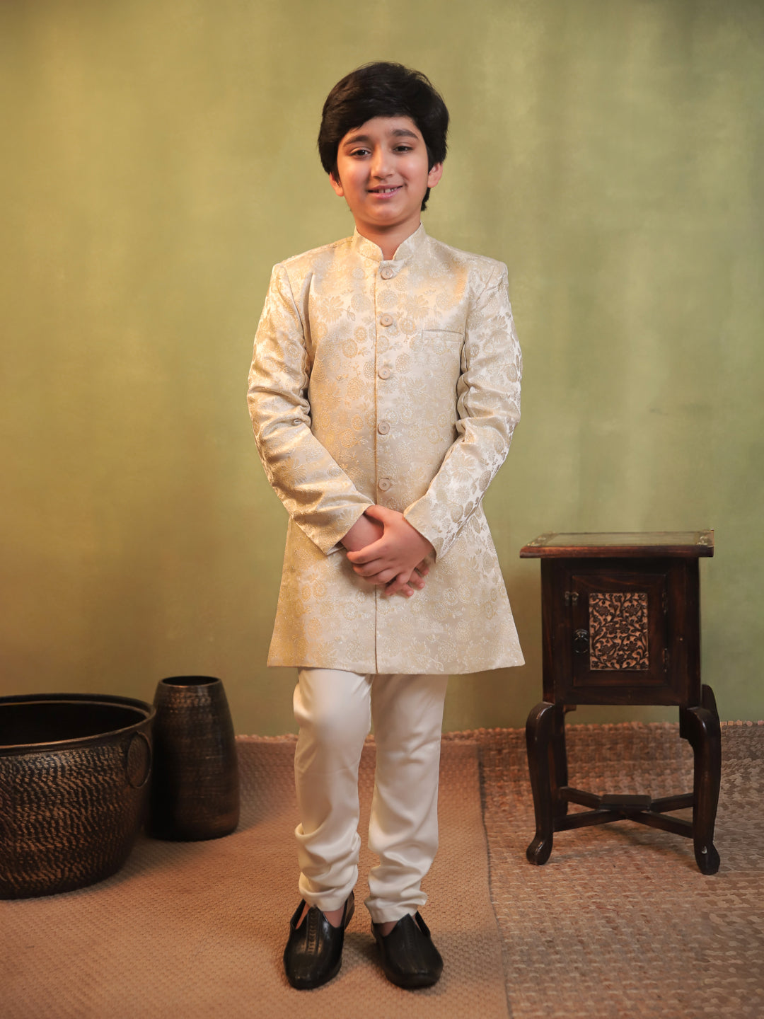 AJ Dezines Cream Jacquard Full Sleeves Rich Floral Embroidery Sherwani