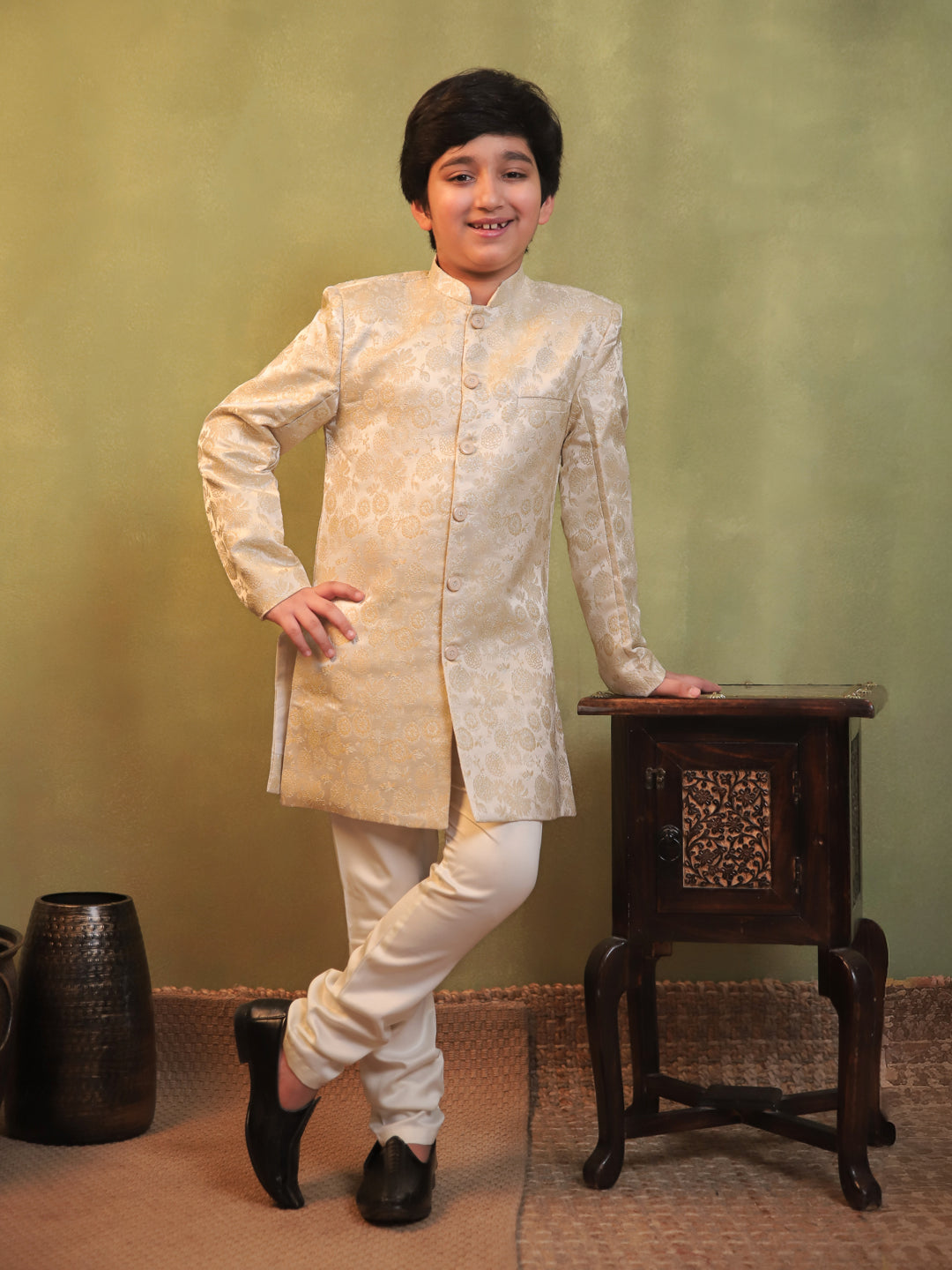 AJ Dezines Cream Jacquard Full Sleeves Rich Floral Embroidery Sherwani