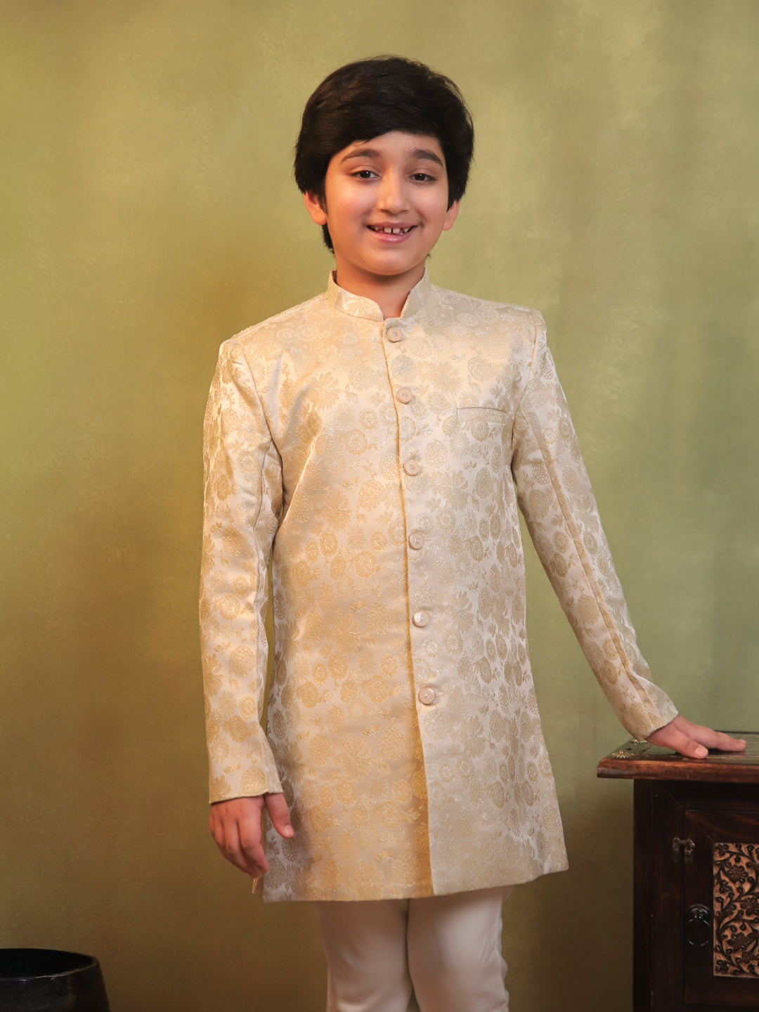 Cream Jacquard Full Sleeves Sherwani with Rich Floral Embroidery for boys