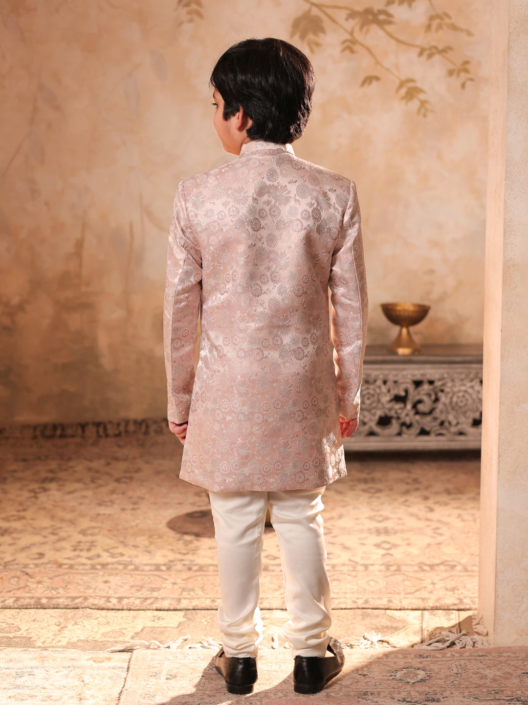AJ Dezines Pink Jacquard Full Sleeves Rich Floral Embroidery Sherwani