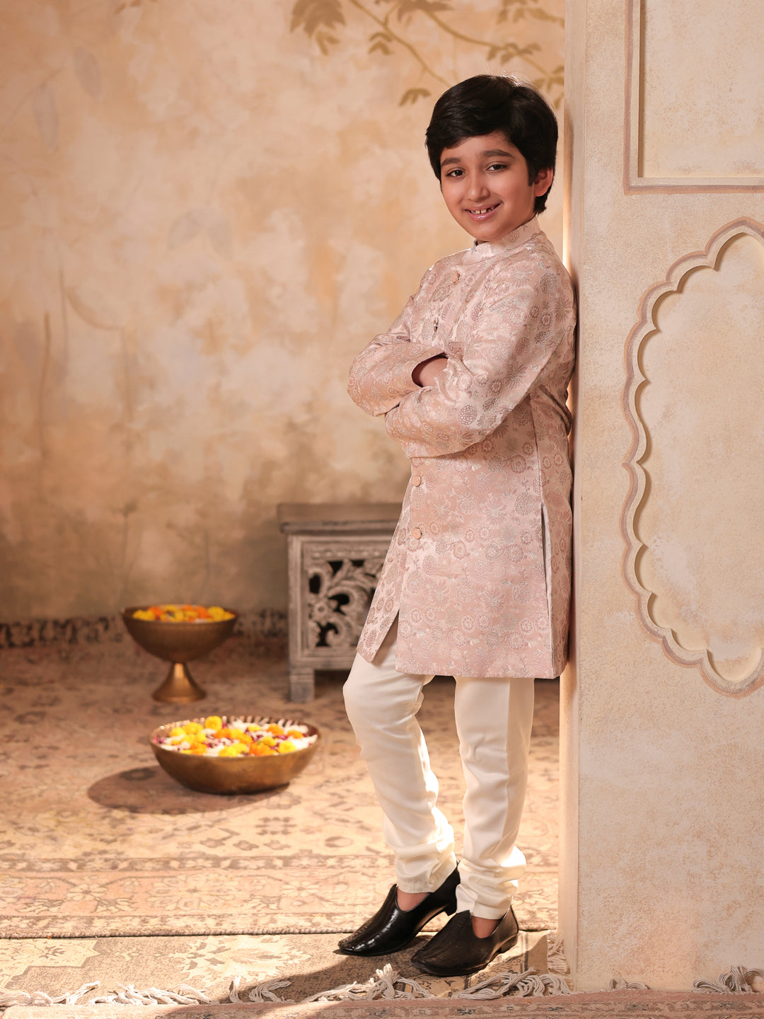 AJ Dezines Pink Jacquard Full Sleeves Rich Floral Embroidery Sherwani