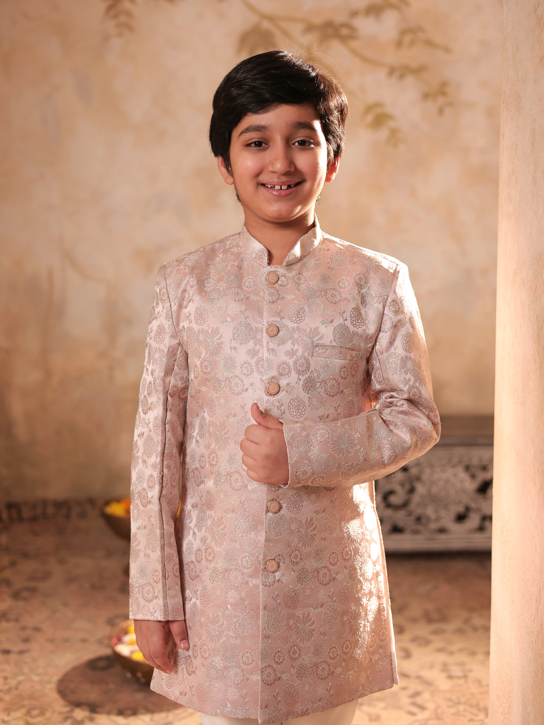 AJ Dezines Pink Jacquard Full Sleeves Rich Floral Embroidery Sherwani