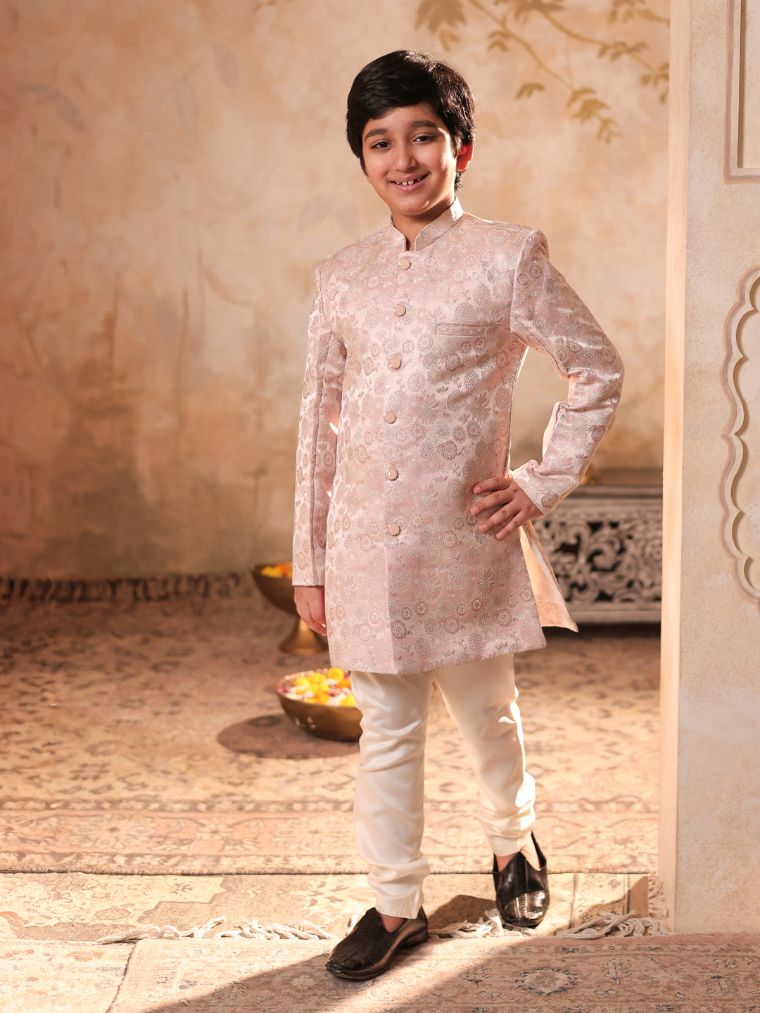 AJ Dezines Pink Jacquard Full Sleeves Rich Floral Embroidery Sherwani