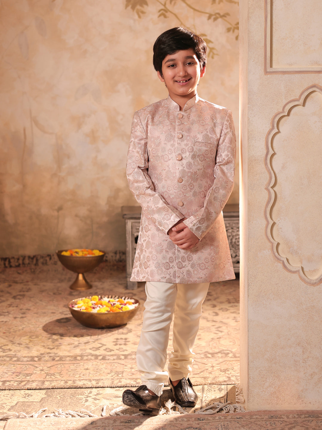 AJ Dezines Pink Jacquard Full Sleeves Rich Floral Embroidery Sherwani