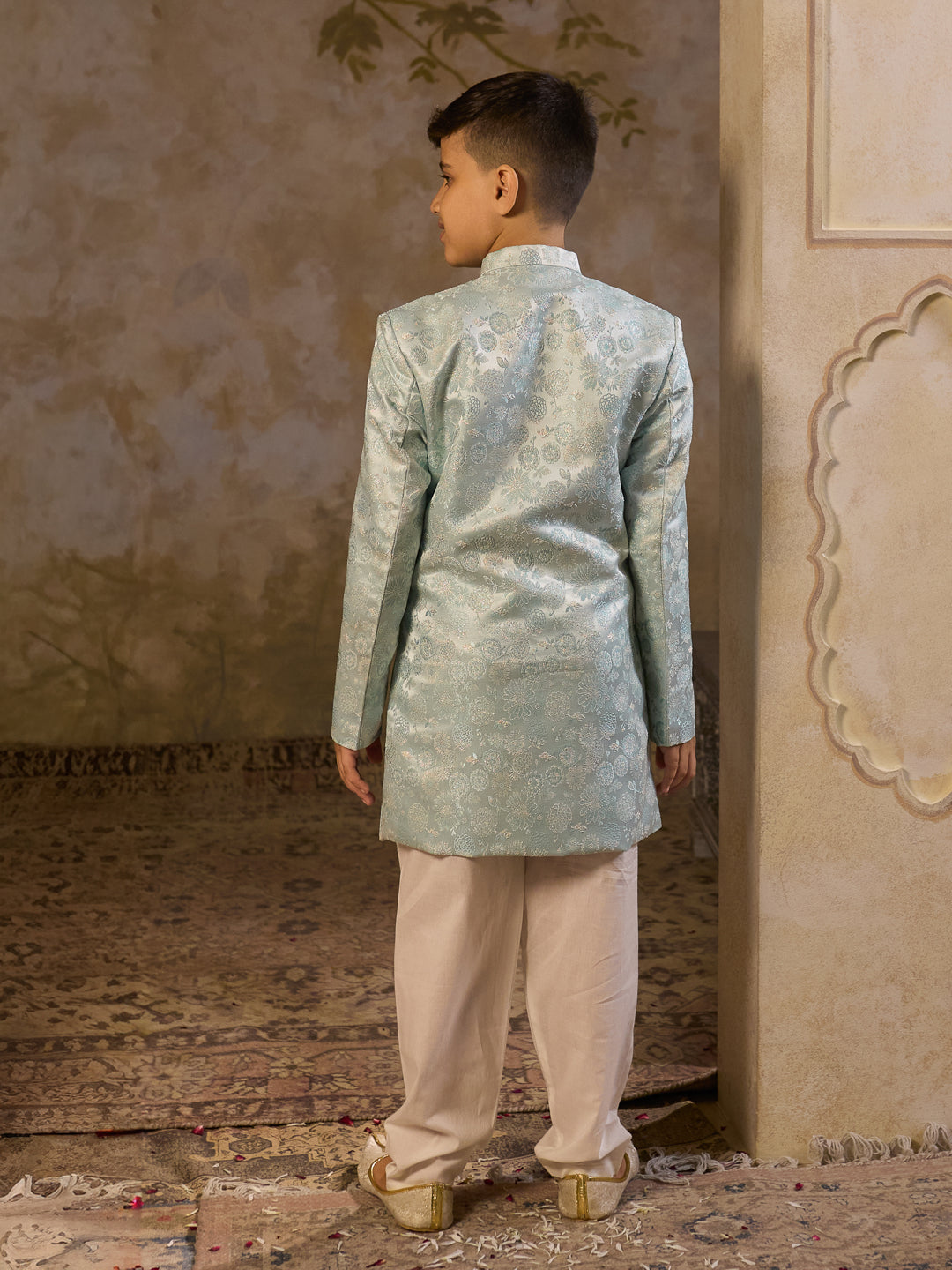 Sky Blue Jacquard Full Sleeves Rich Floral Embroidery Sherwani