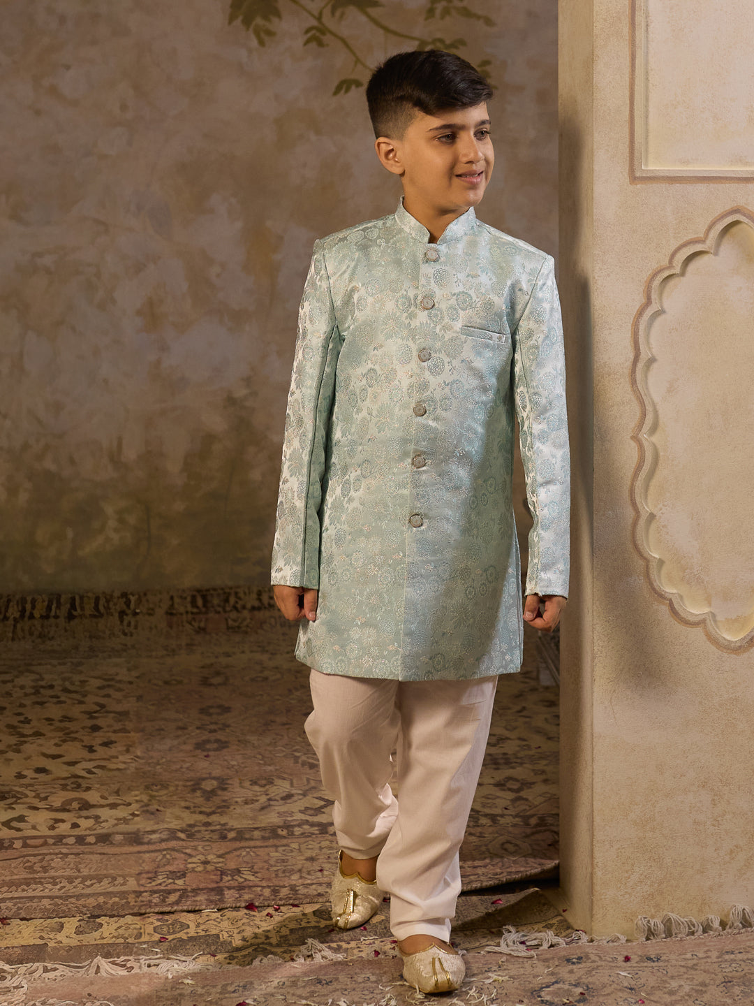 AJ Dezines Sky Blue Jacquard Full Sleeves Rich Floral Embroidery Sherwani