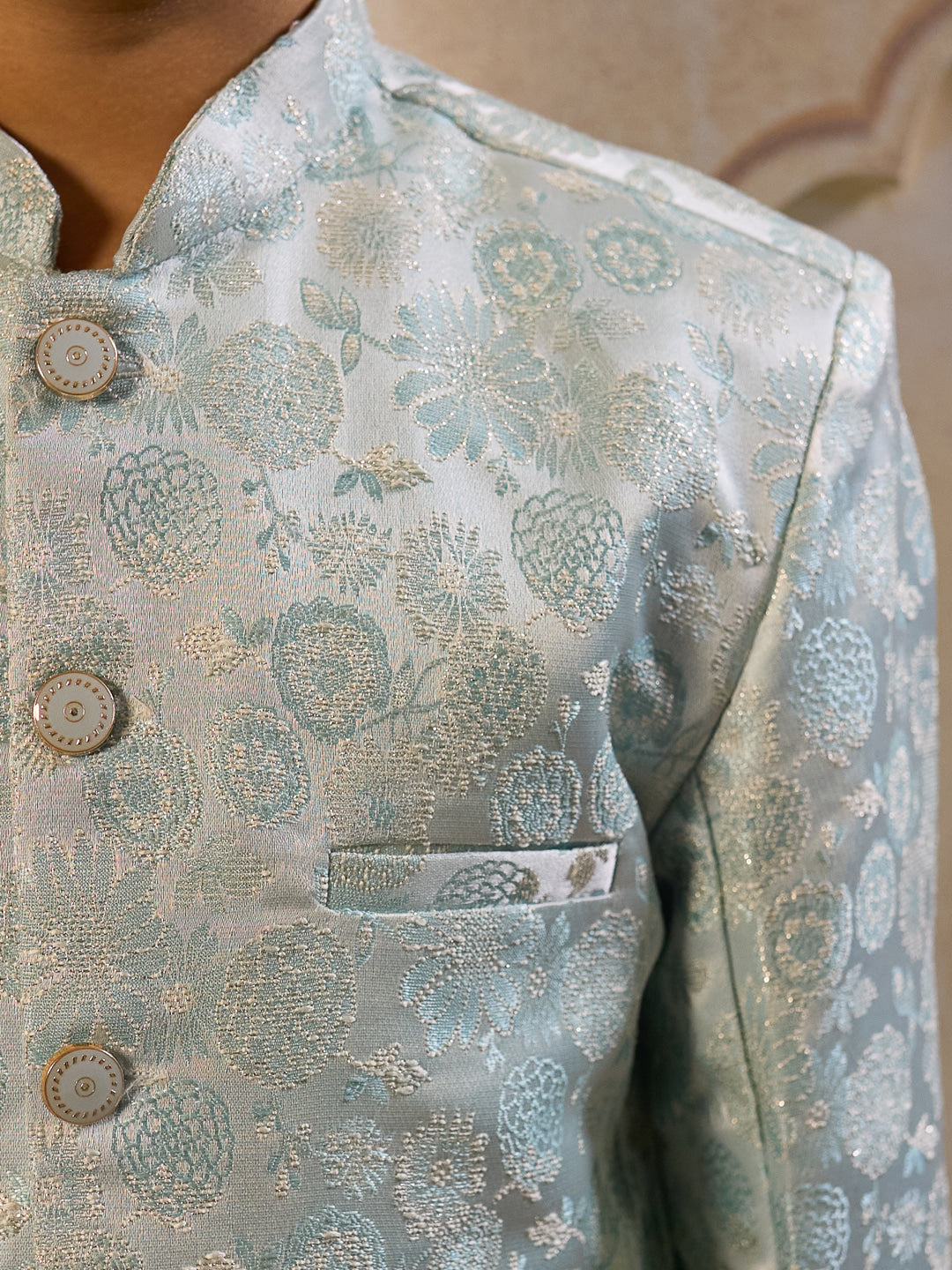 Sky Blue Jacquard Full Sleeves Rich Floral Embroidery Sherwani