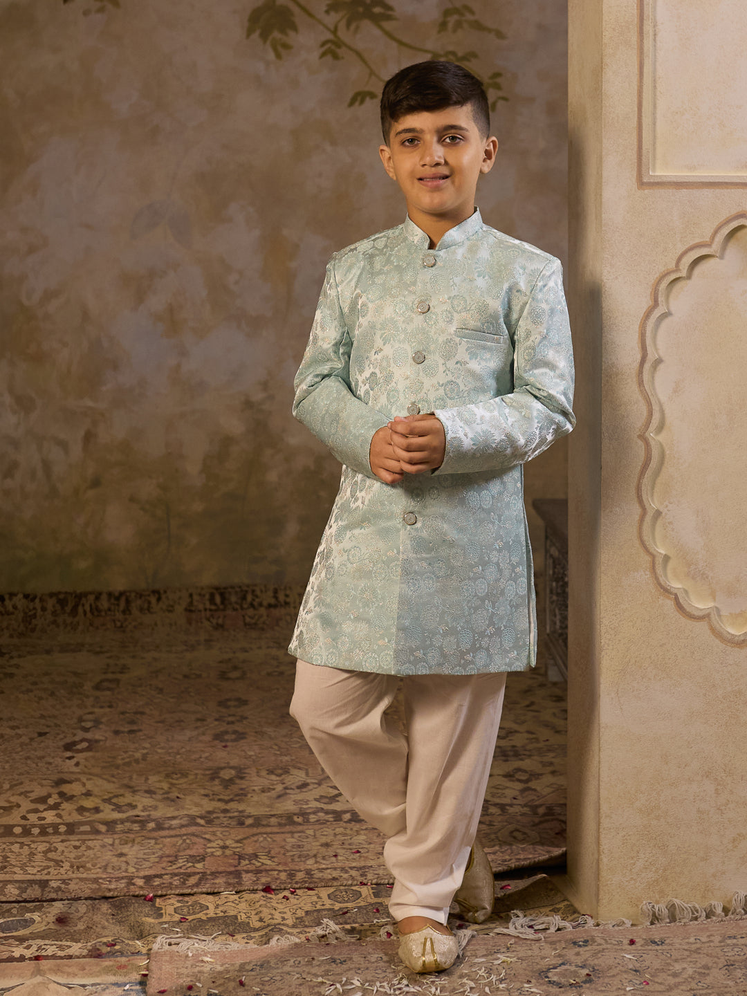 AJ Dezines Sky Blue Jacquard Full Sleeves Rich Floral Embroidery Sherwani
