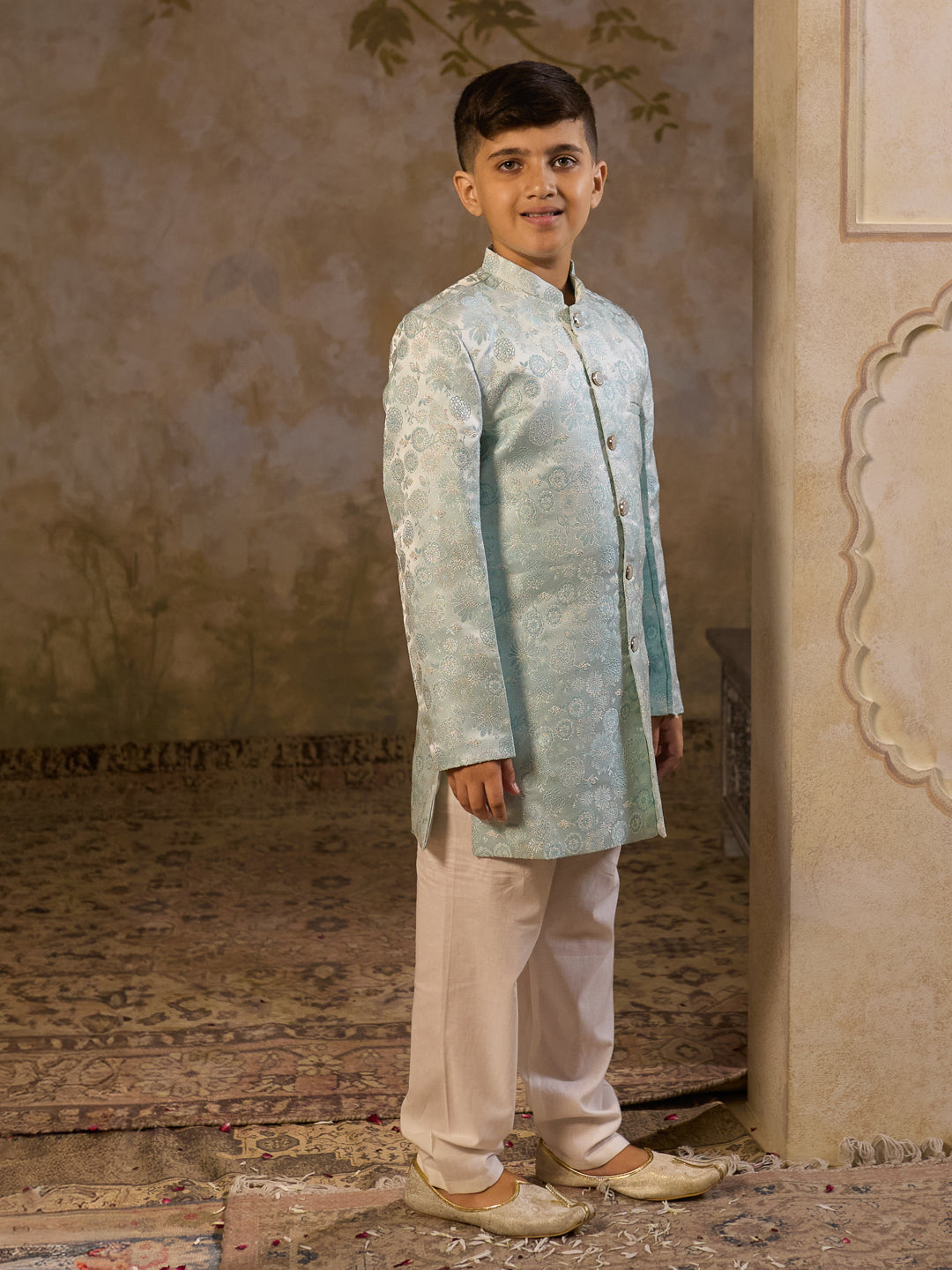 AJ Dezines Sky Blue Jacquard Full Sleeves Rich Floral Embroidery Sherwani