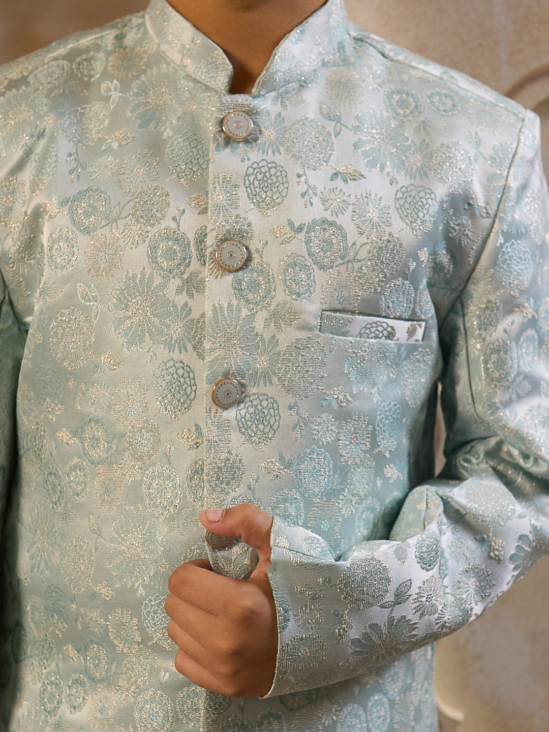 AJ Dezines Sky Blue Jacquard Full Sleeves Rich Floral Embroidery Sherwani