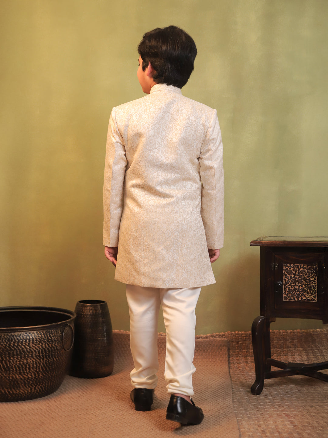 Cream Jacquard Full Sleeves Sherwani with Rich Floral Embroidery for boys