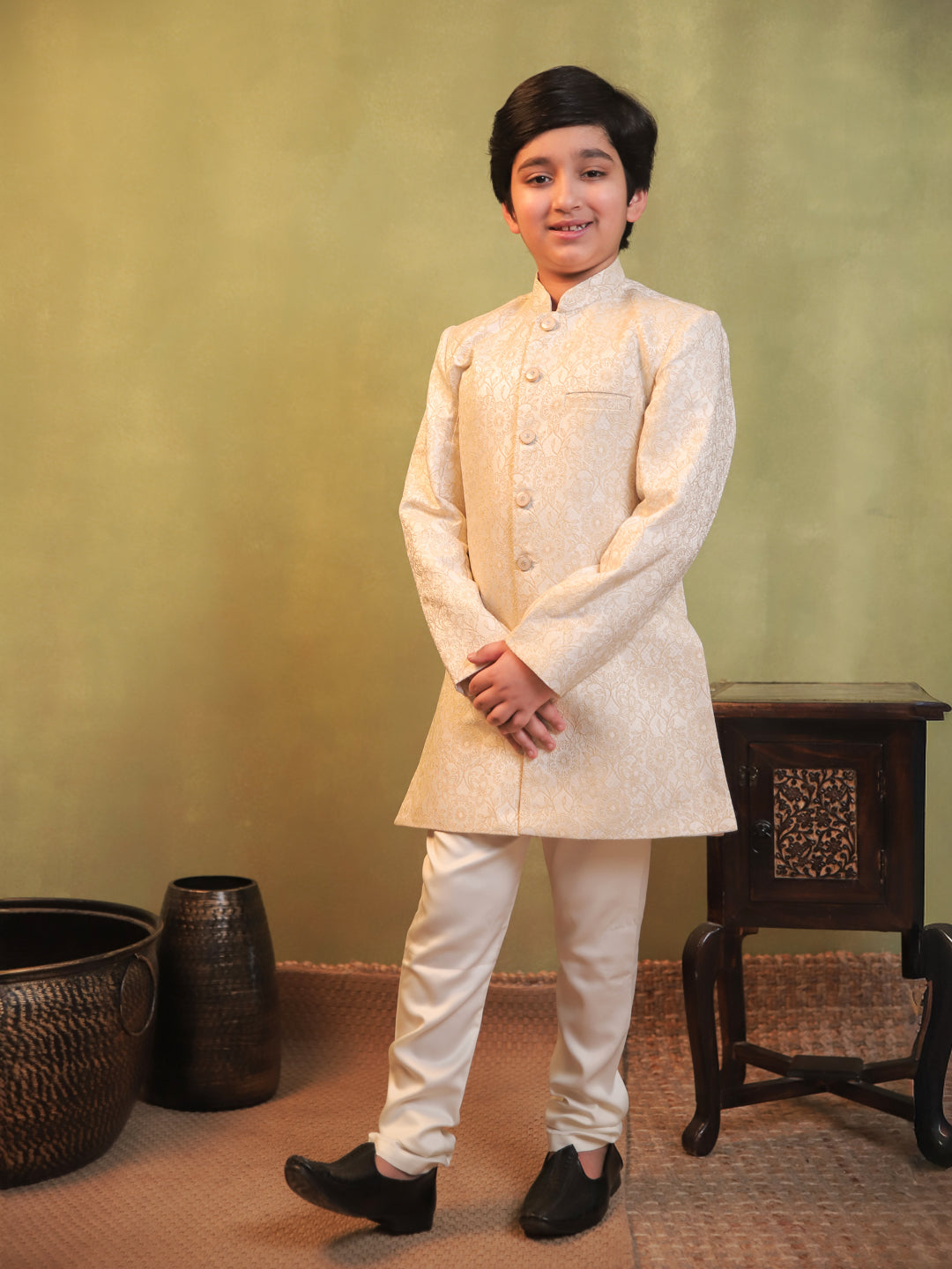 Cream Jacquard Full Sleeves Sherwani with Rich Floral Embroidery for boys