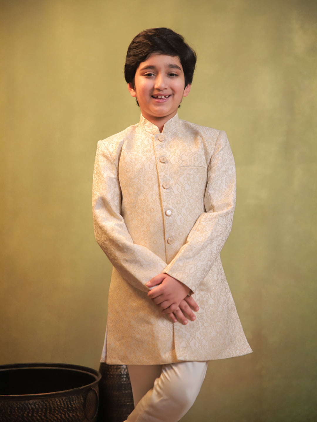 Cream Jacquard Full Sleeves Sherwani with Rich Floral Embroidery for boys