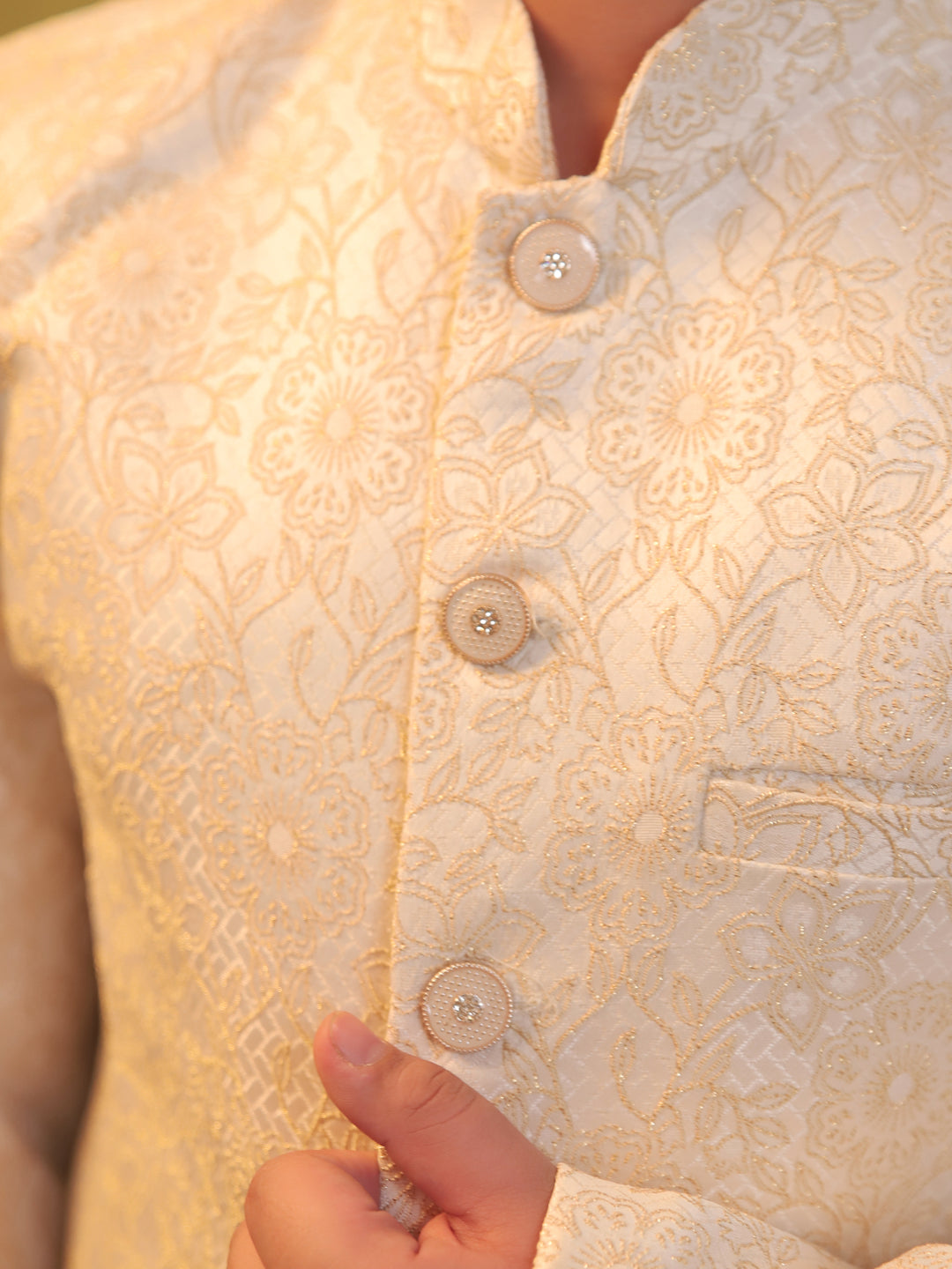 Cream Jacquard Full Sleeves Sherwani with Rich Floral Embroidery for boys
