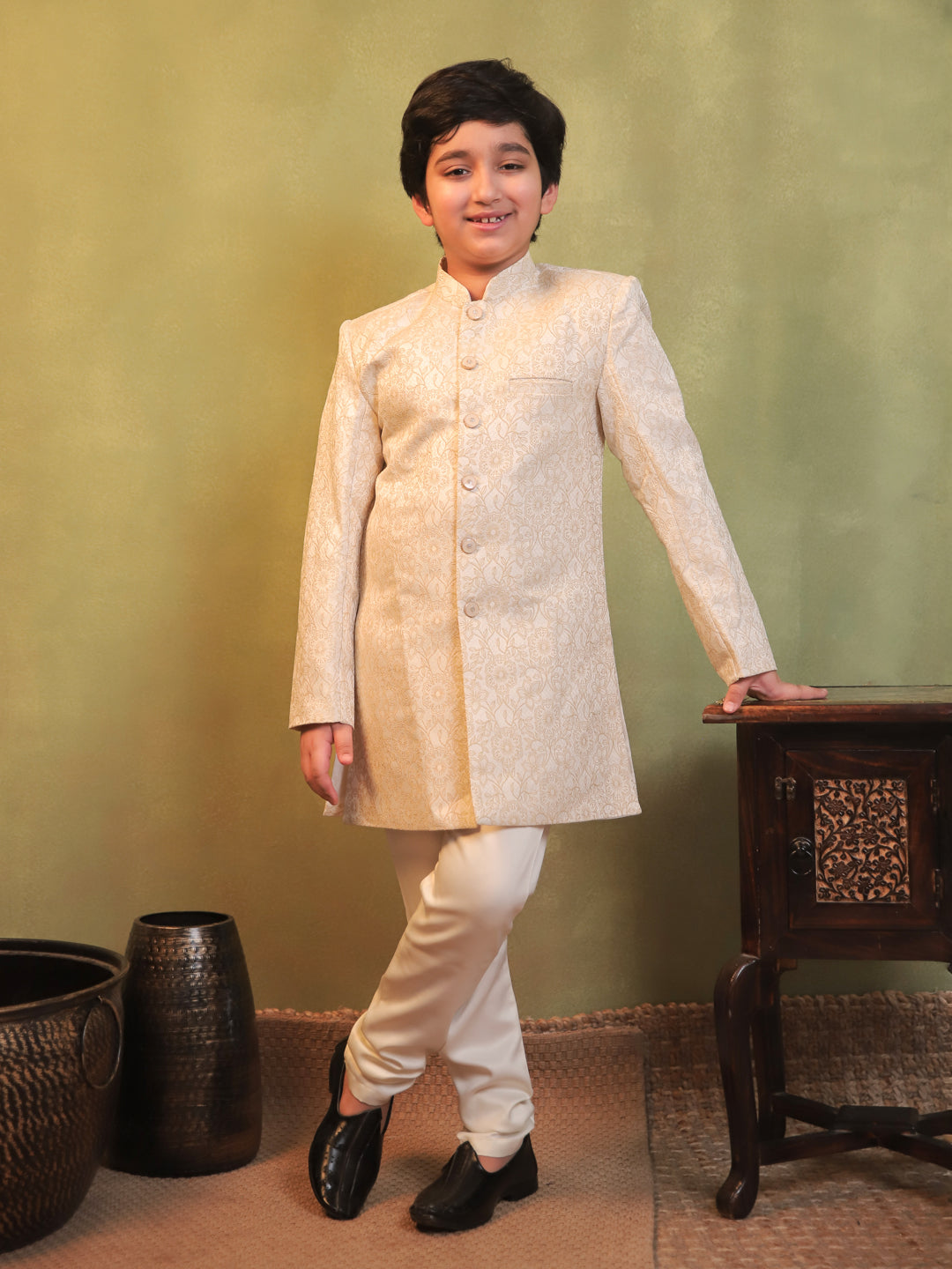 Cream Jacquard Full Sleeves Sherwani with Rich Floral Embroidery for boys