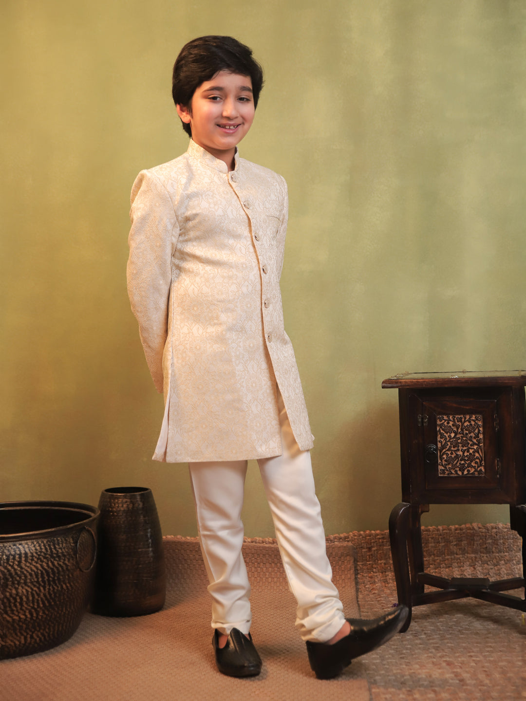Cream Jacquard Full Sleeves Sherwani with Rich Floral Embroidery for boys