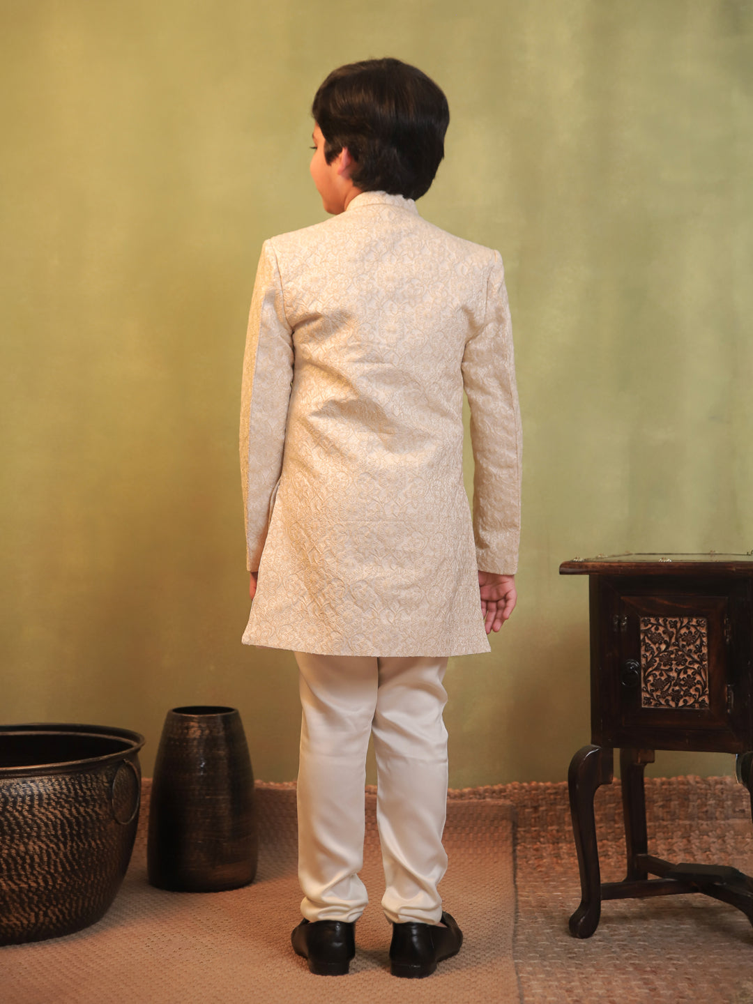 Cream Jacquard Full Sleeves Sherwani with Rich Floral Embroidery for boys