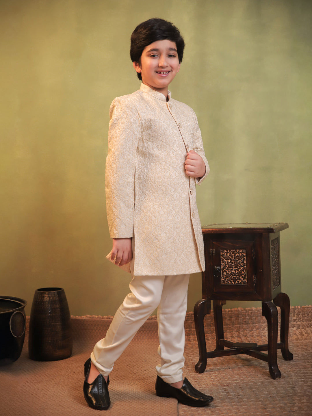 Cream Jacquard Full Sleeves Sherwani with Rich Floral Embroidery for boys