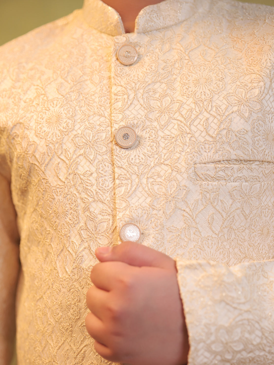Cream Jacquard Full Sleeves Sherwani with Rich Floral Embroidery for boys