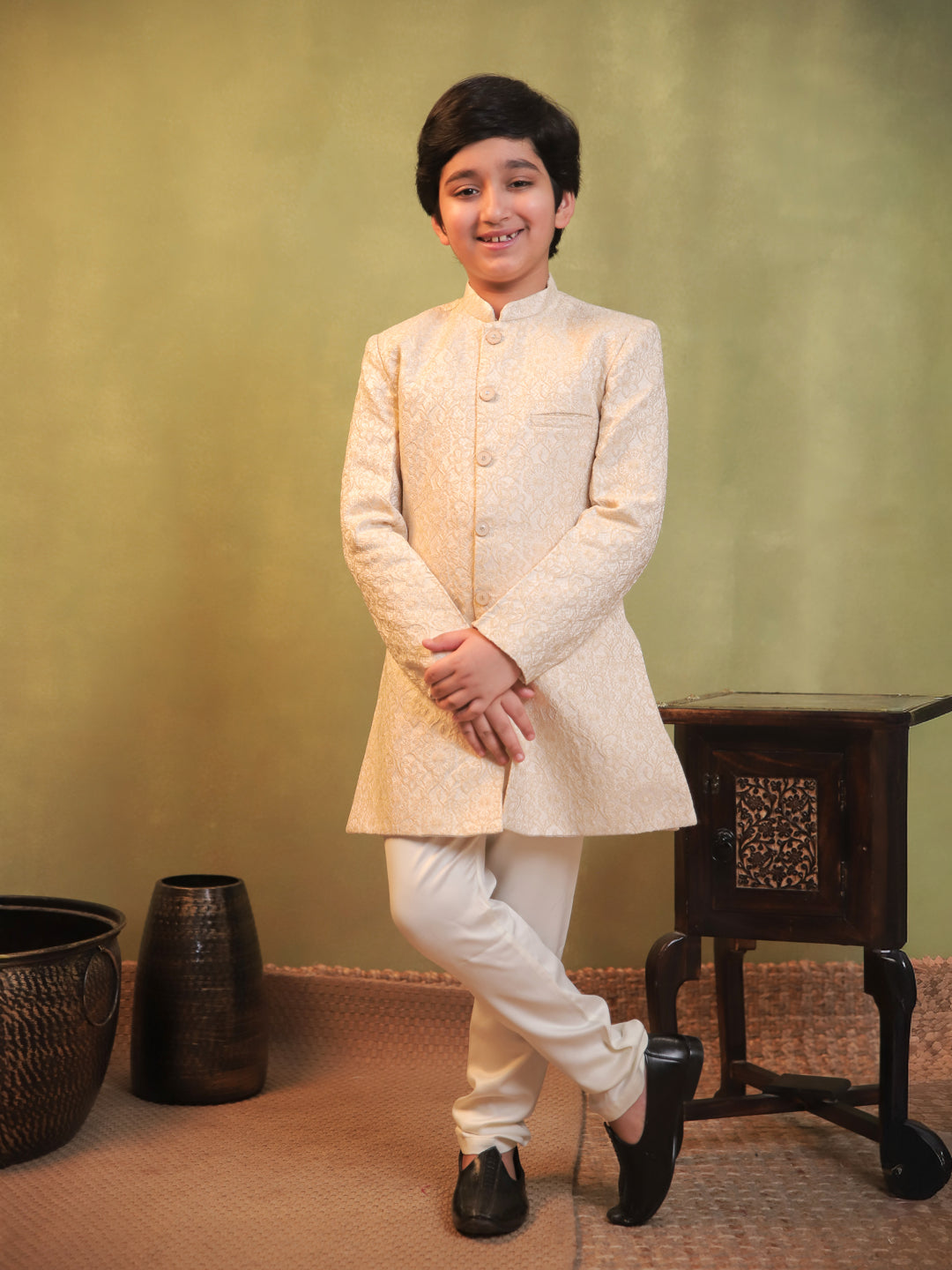 Cream Jacquard Full Sleeves Sherwani with Rich Floral Embroidery for boys