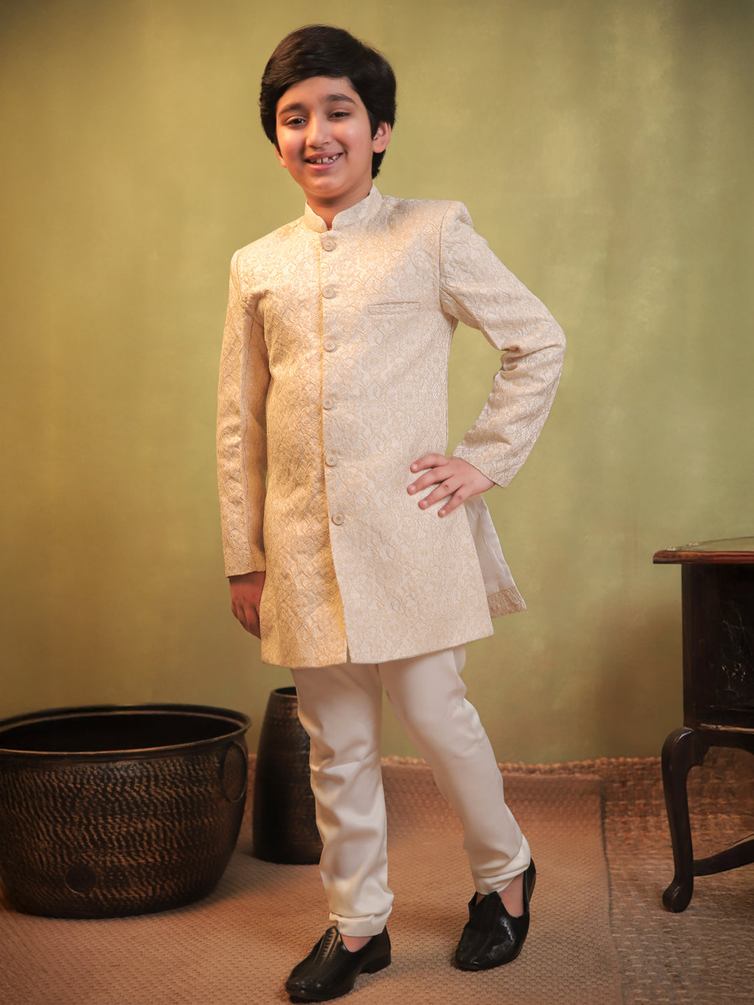 Cream Jacquard Full Sleeves Sherwani with Rich Floral Embroidery for boys