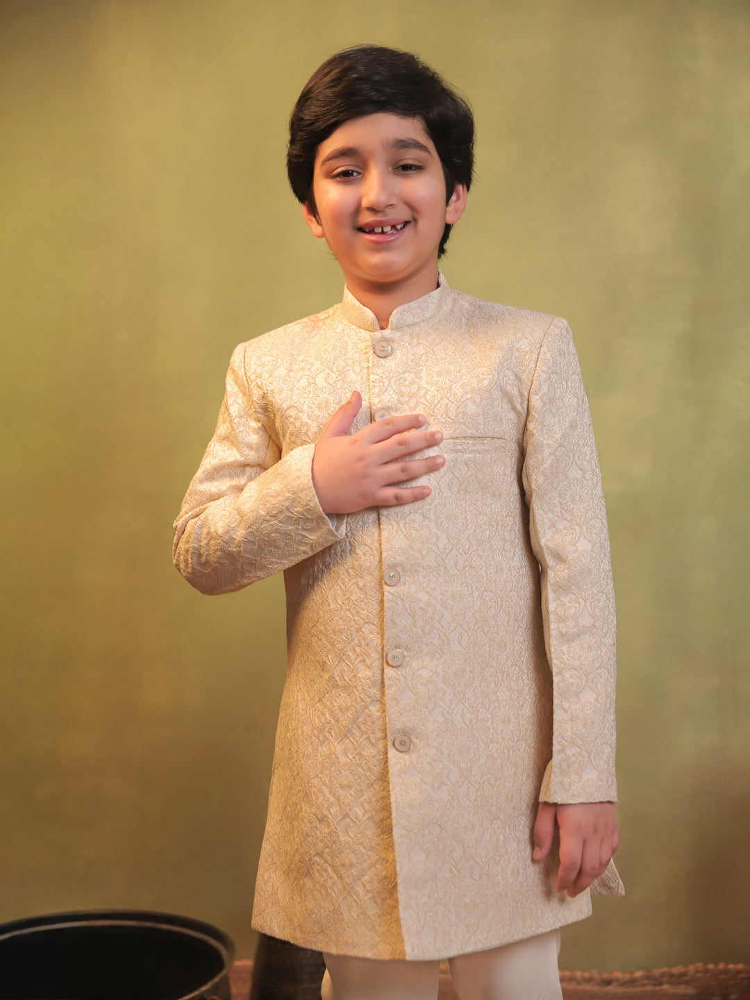 Cream Jacquard Full Sleeves Sherwani with Rich Floral Embroidery for boys