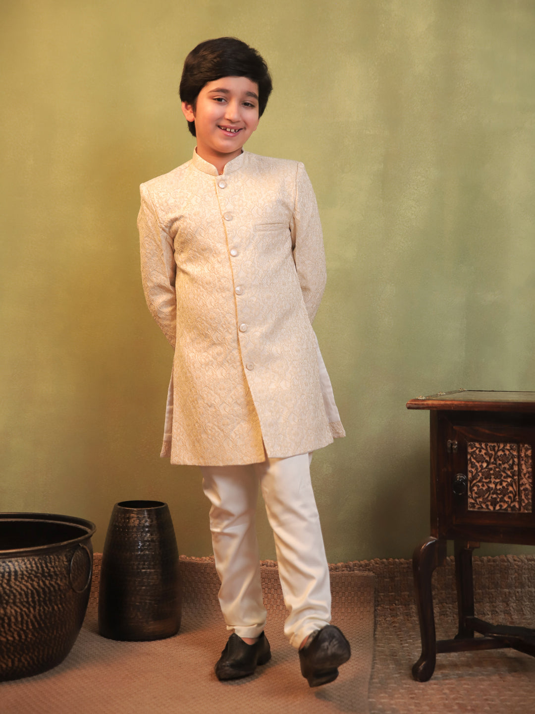 Cream Jacquard Full Sleeves Sherwani with Rich Floral Embroidery for boys