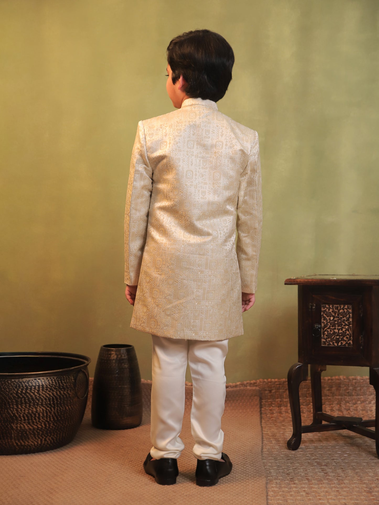 Cream Jacquard Full Sleeves Sherwani with Rich Floral Embroidery for boys
