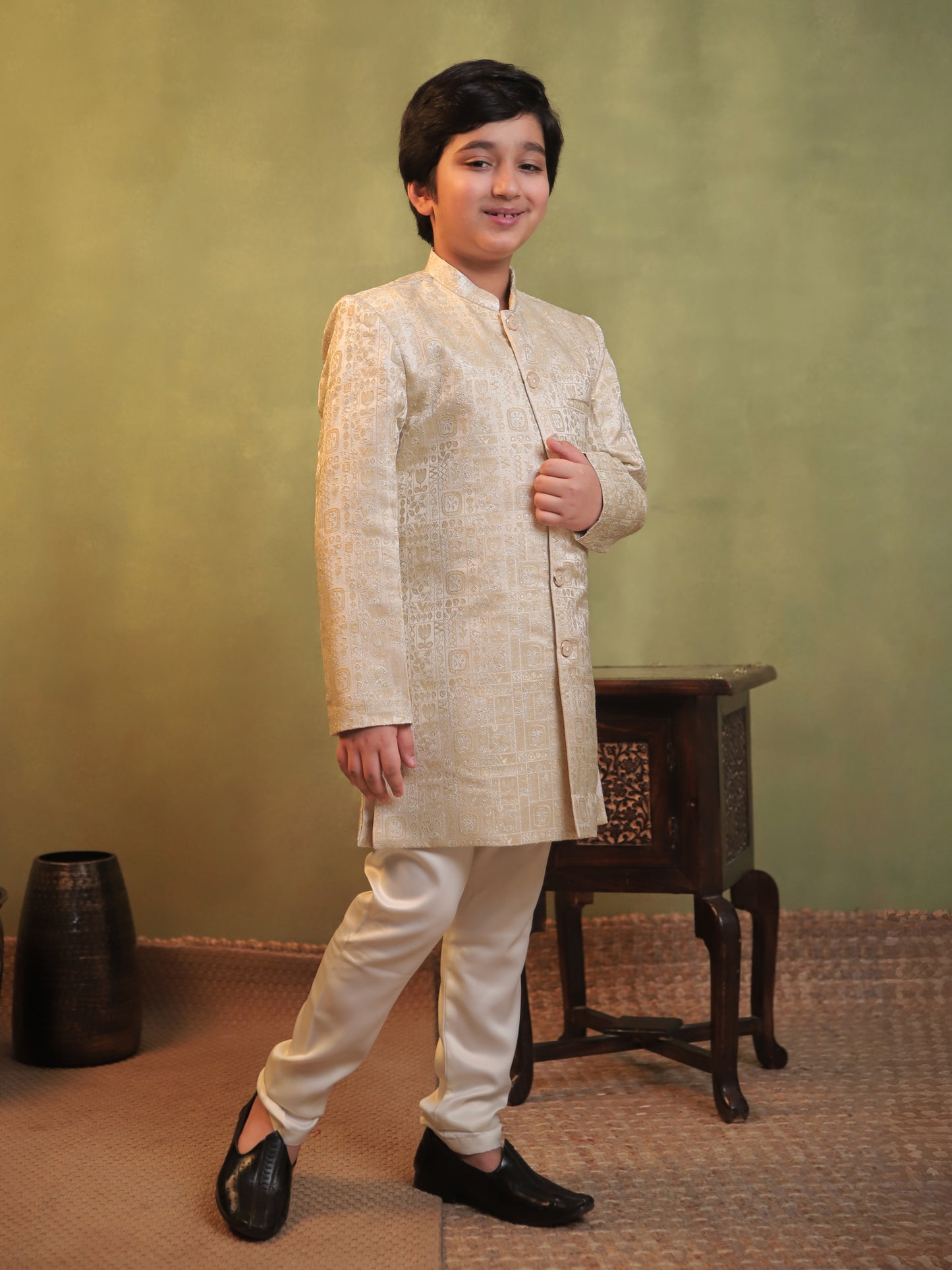 Cream Jacquard Full Sleeves Sherwani with Rich Floral Embroidery for boys