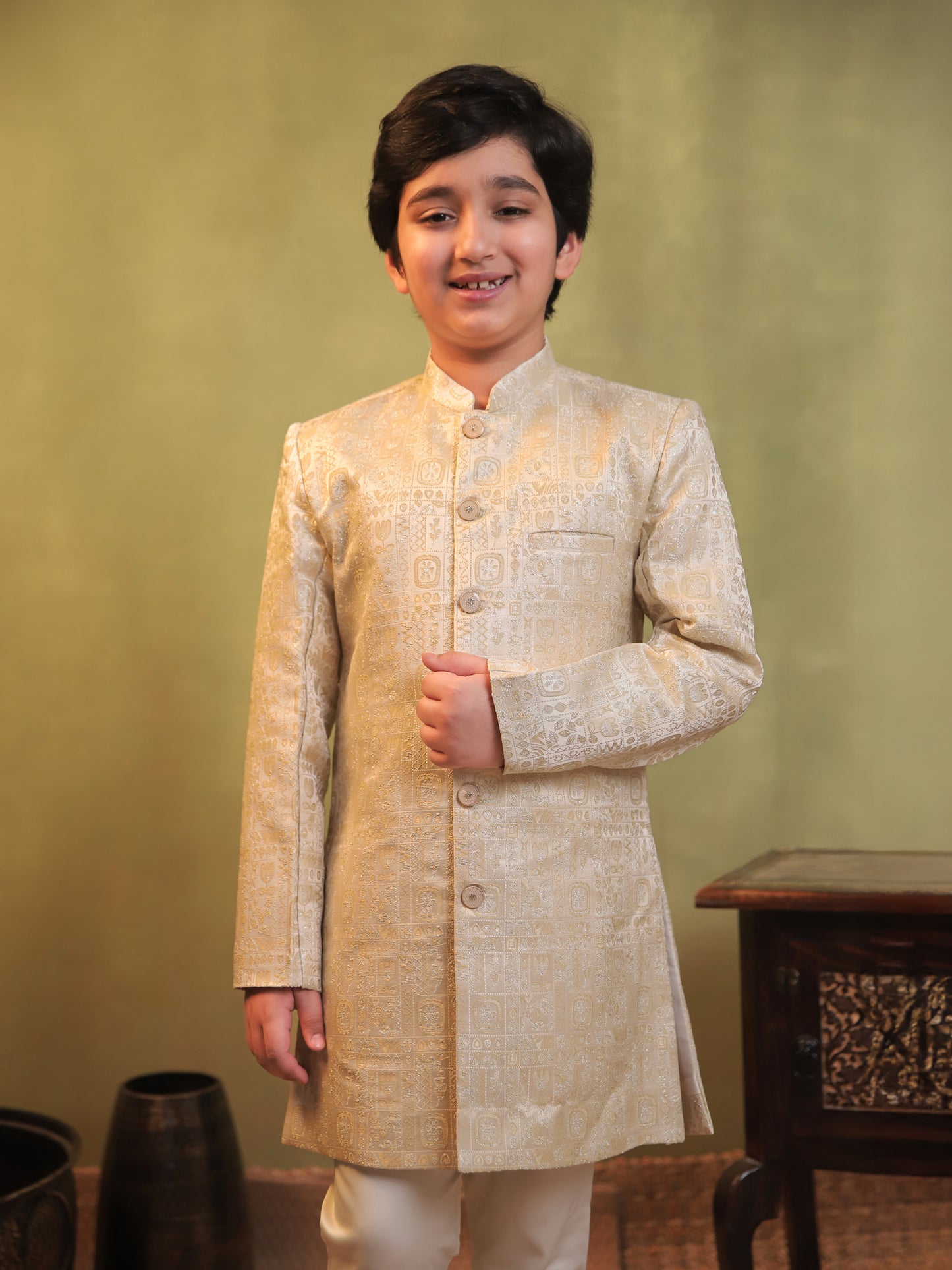 Cream Jacquard Full Sleeves Sherwani with Rich Floral Embroidery for boys