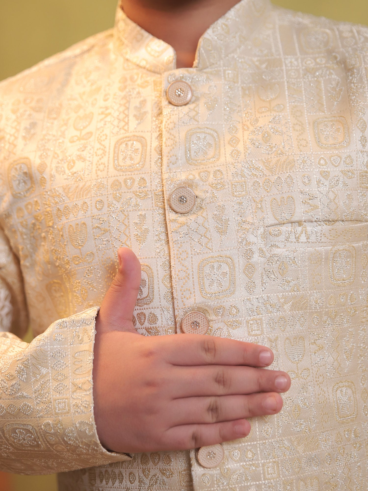Cream Jacquard Full Sleeves Sherwani with Rich Floral Embroidery for boys