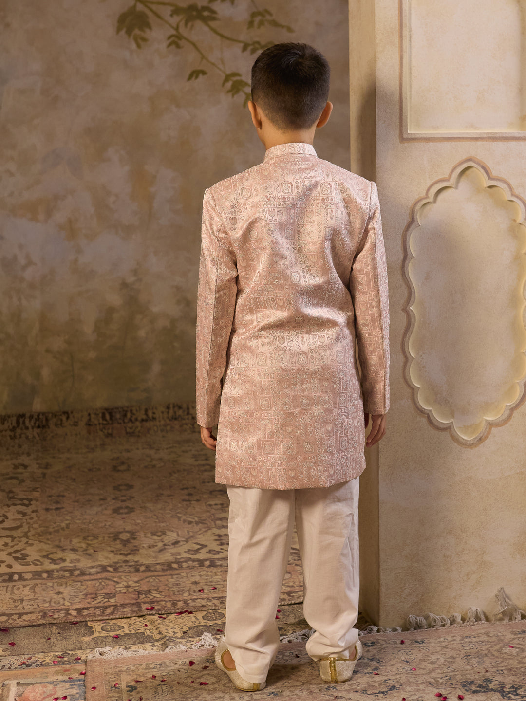Pink Jacquard Full Sleeves Sherwani with Rich Floral Embroidery for boys