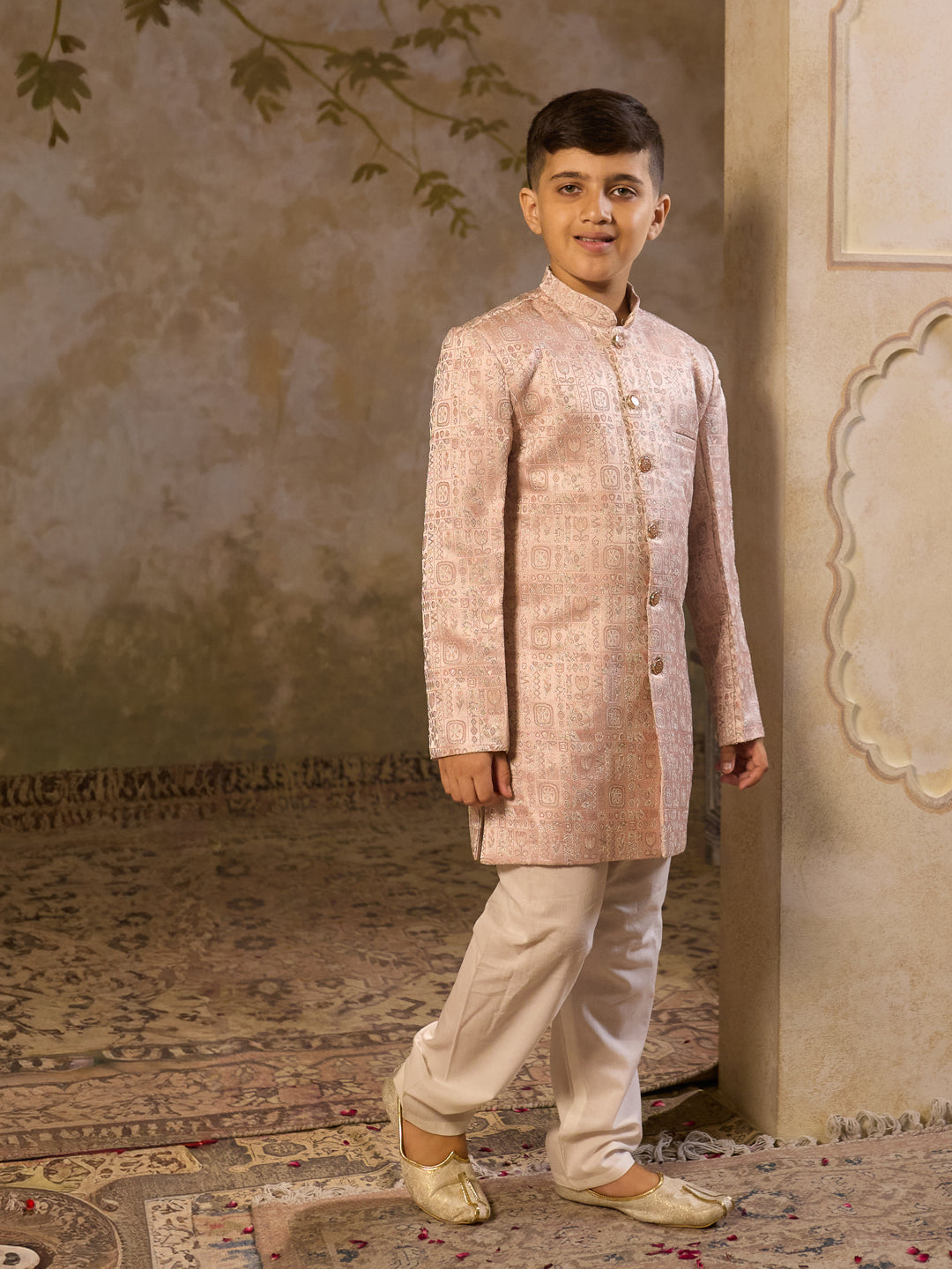Pink Jacquard Full Sleeves Sherwani with Rich Floral Embroidery for boys