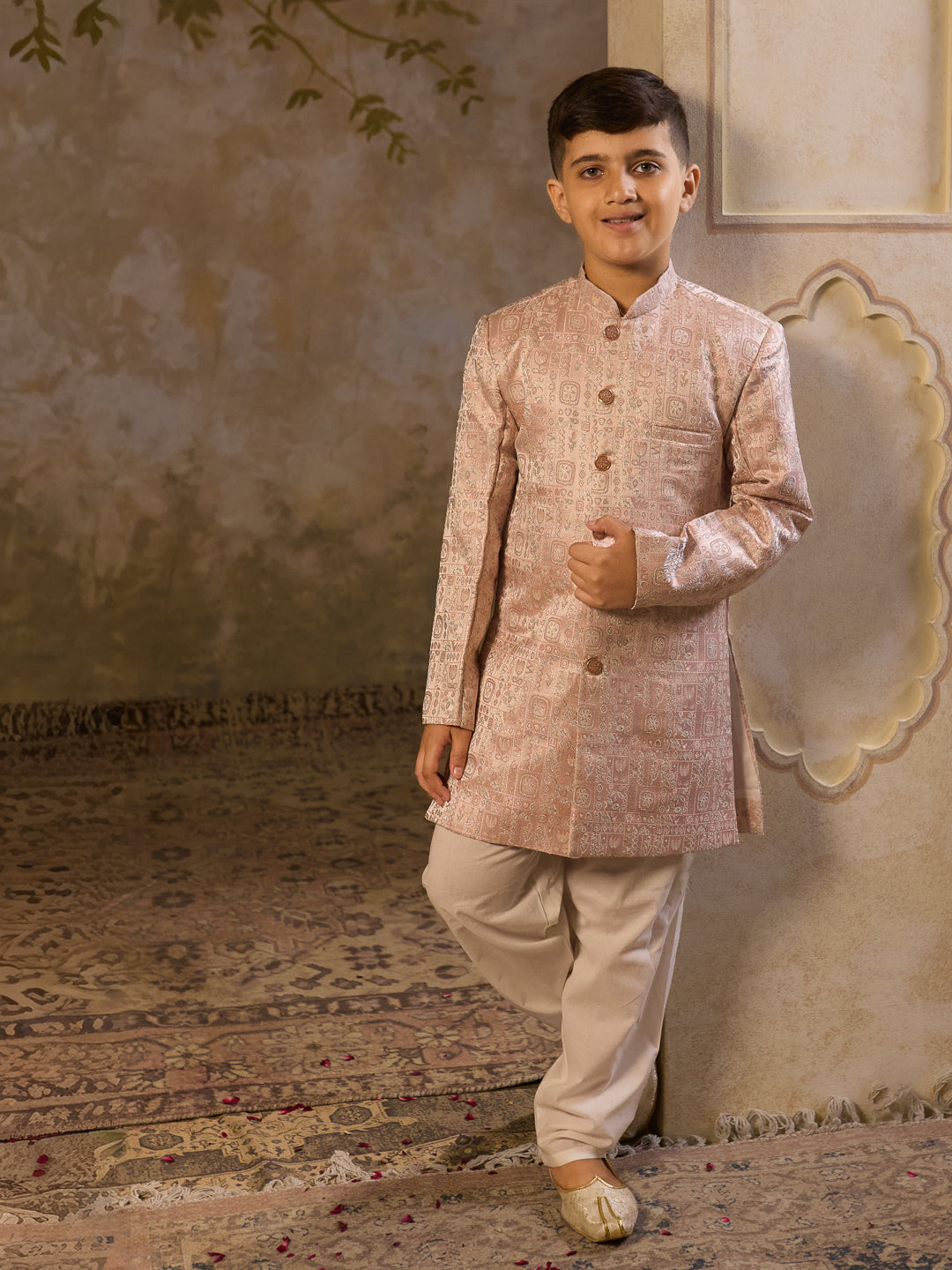 Pink Jacquard Full Sleeves Sherwani with Rich Floral Embroidery for boys