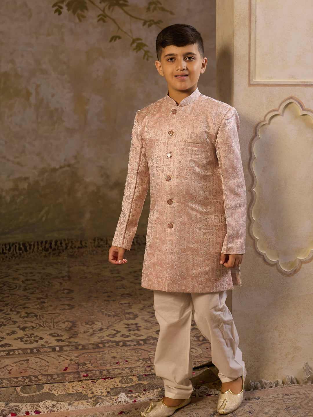 Pink Jacquard Full Sleeves Sherwani with Rich Floral Embroidery for boys