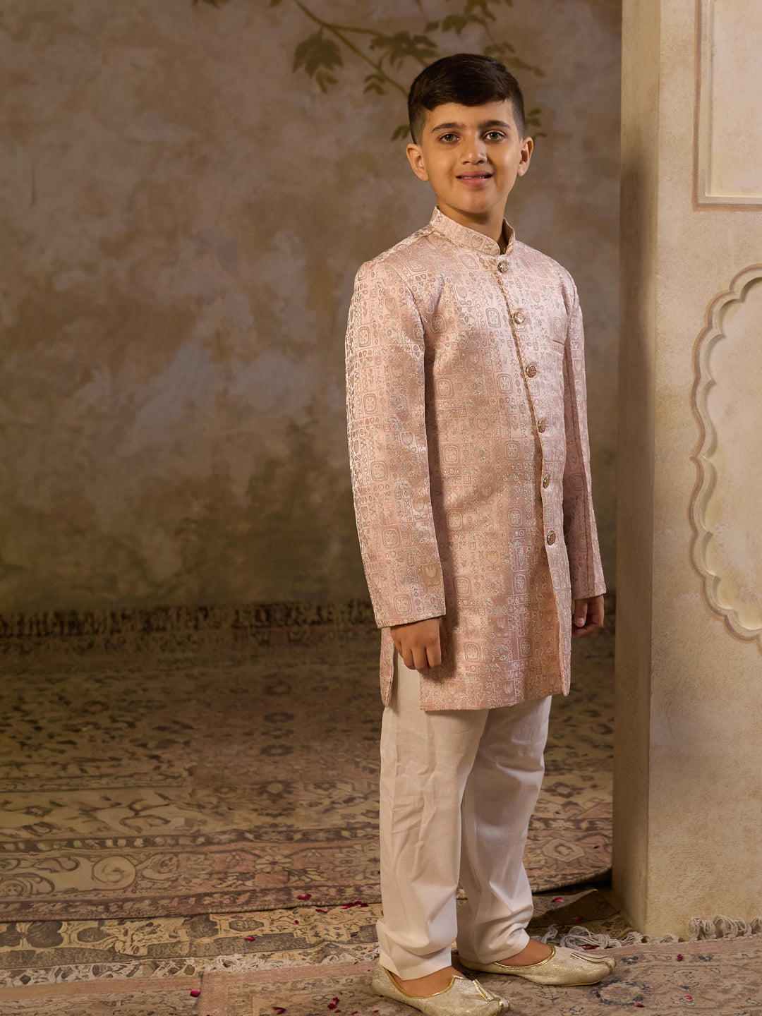 Pink Jacquard Full Sleeves Sherwani with Rich Floral Embroidery for boys