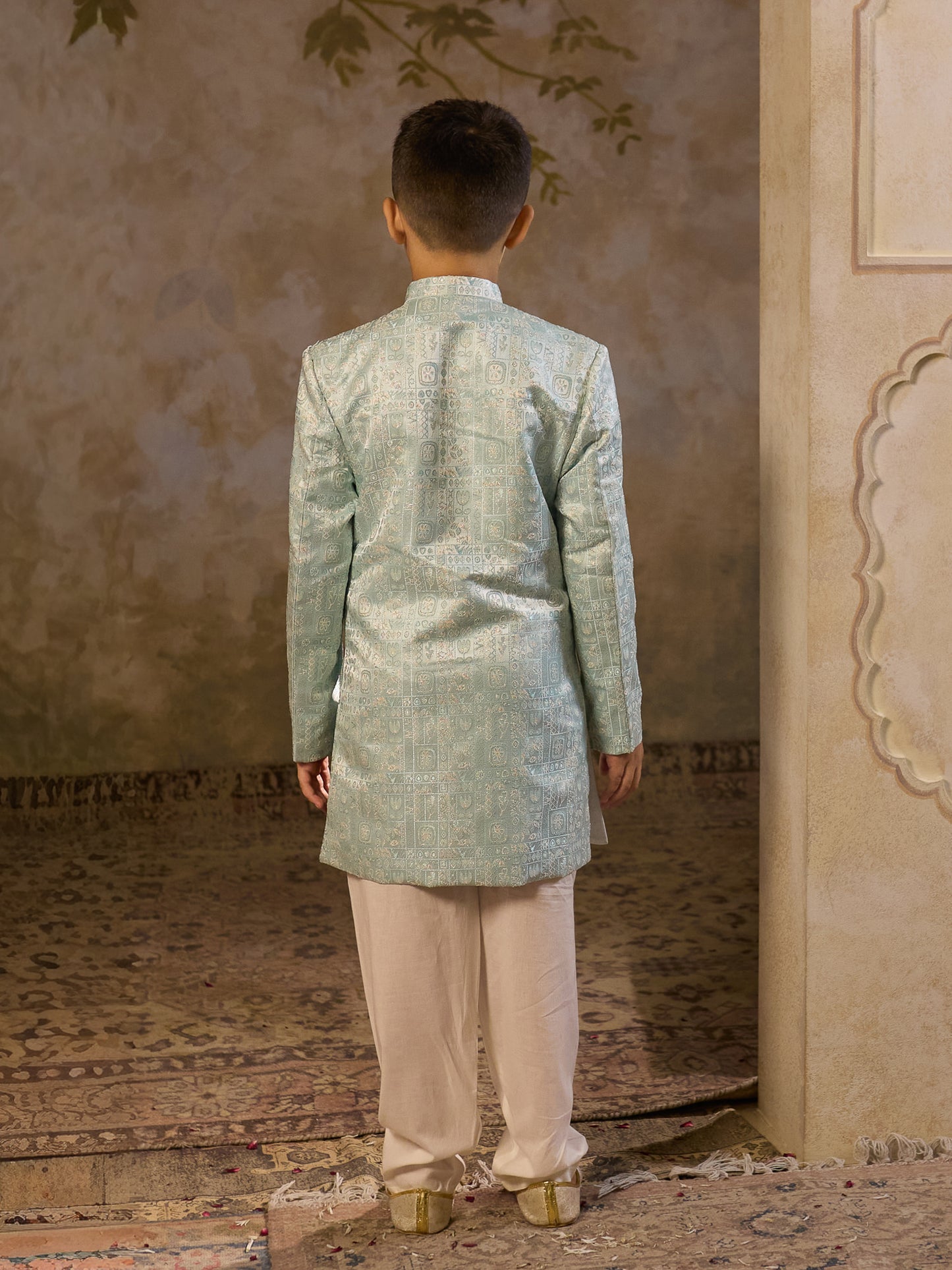 Sky Blue Jacquard Full Sleeves Sherwani with Rich Floral Embroidery for boys