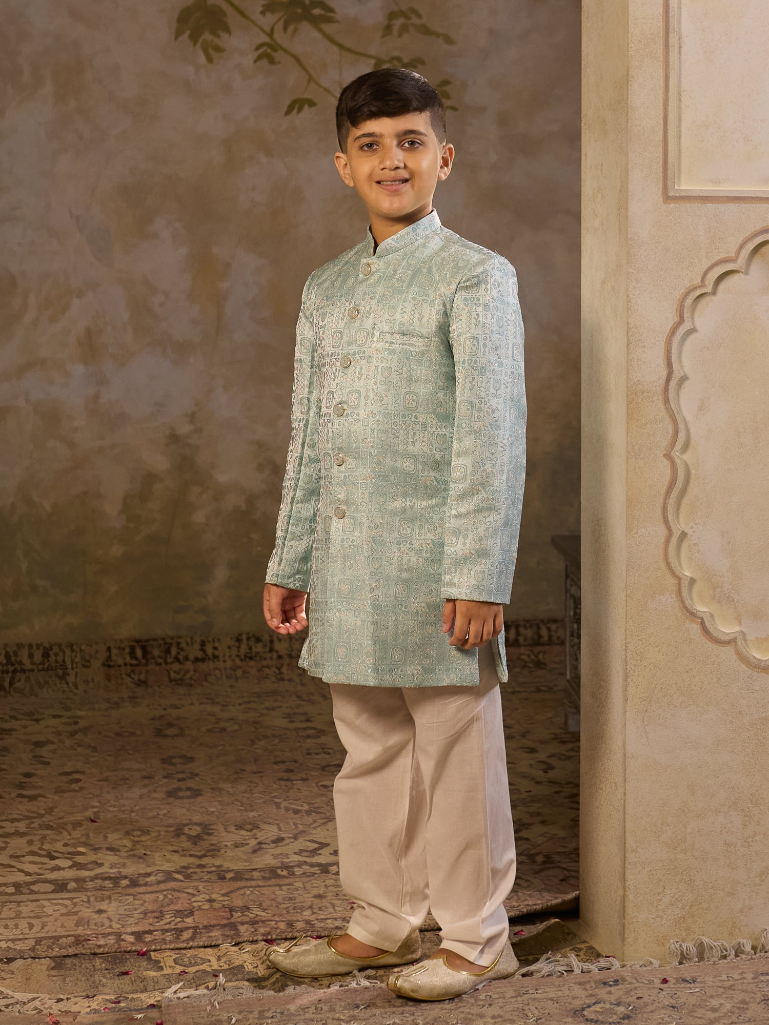 Sky Blue Jacquard Full Sleeves Sherwani with Rich Floral Embroidery for boys