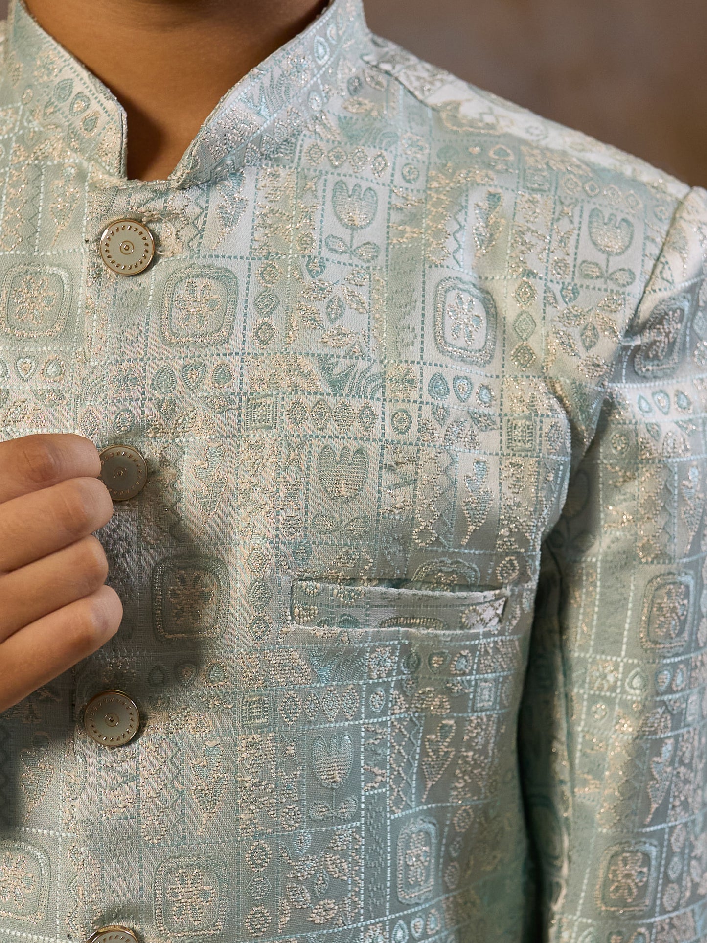 Sky Blue Jacquard Full Sleeves Sherwani with Rich Floral Embroidery for boys