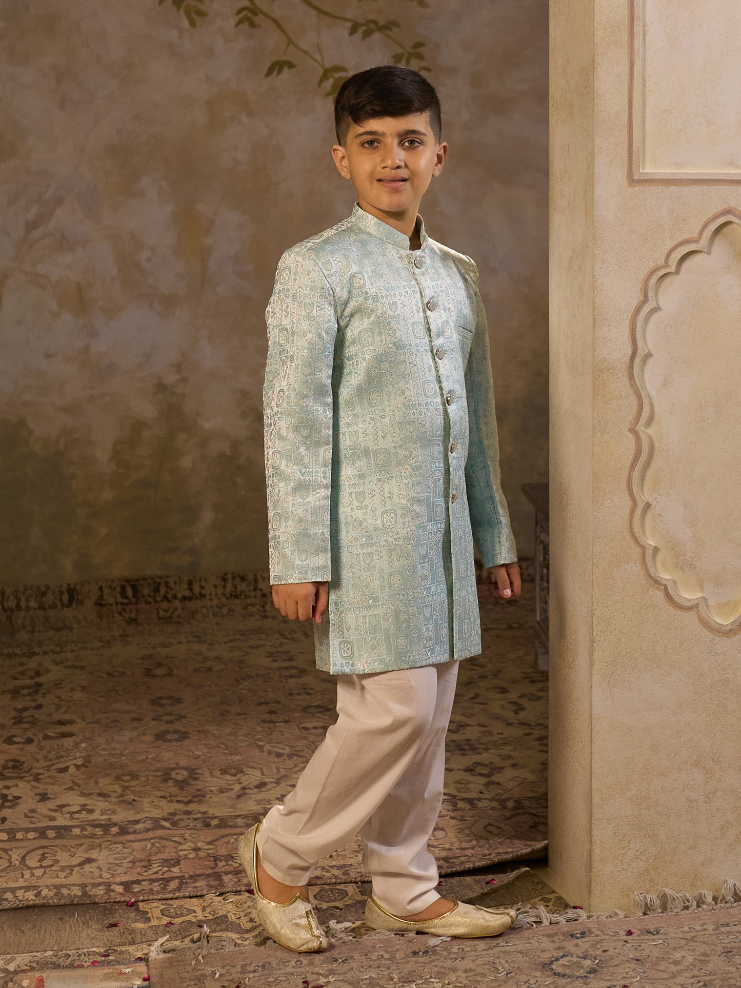 Sky Blue Jacquard Full Sleeves Sherwani with Rich Floral Embroidery for boys