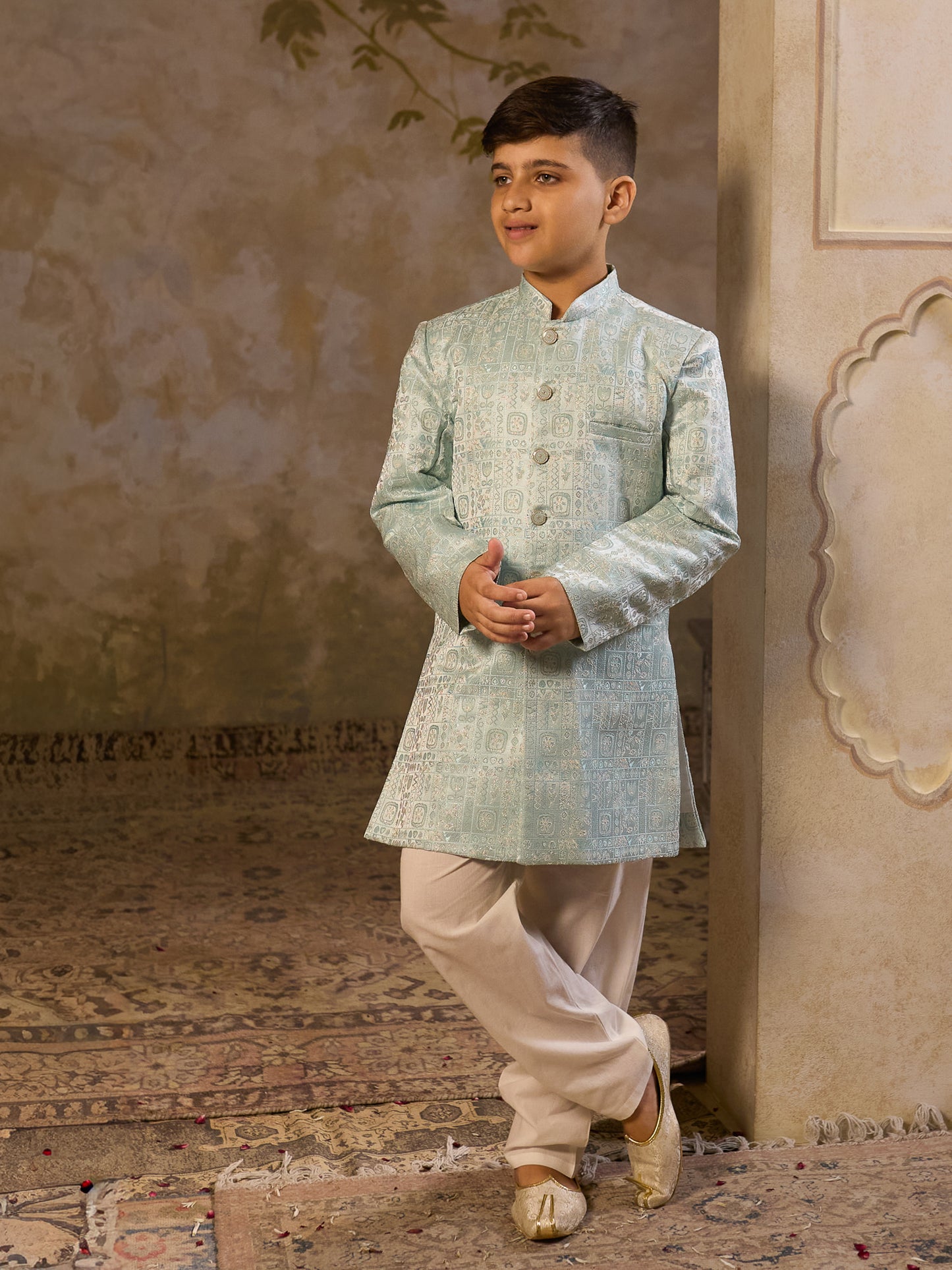 Sky Blue Jacquard Full Sleeves Sherwani with Rich Floral Embroidery for boys