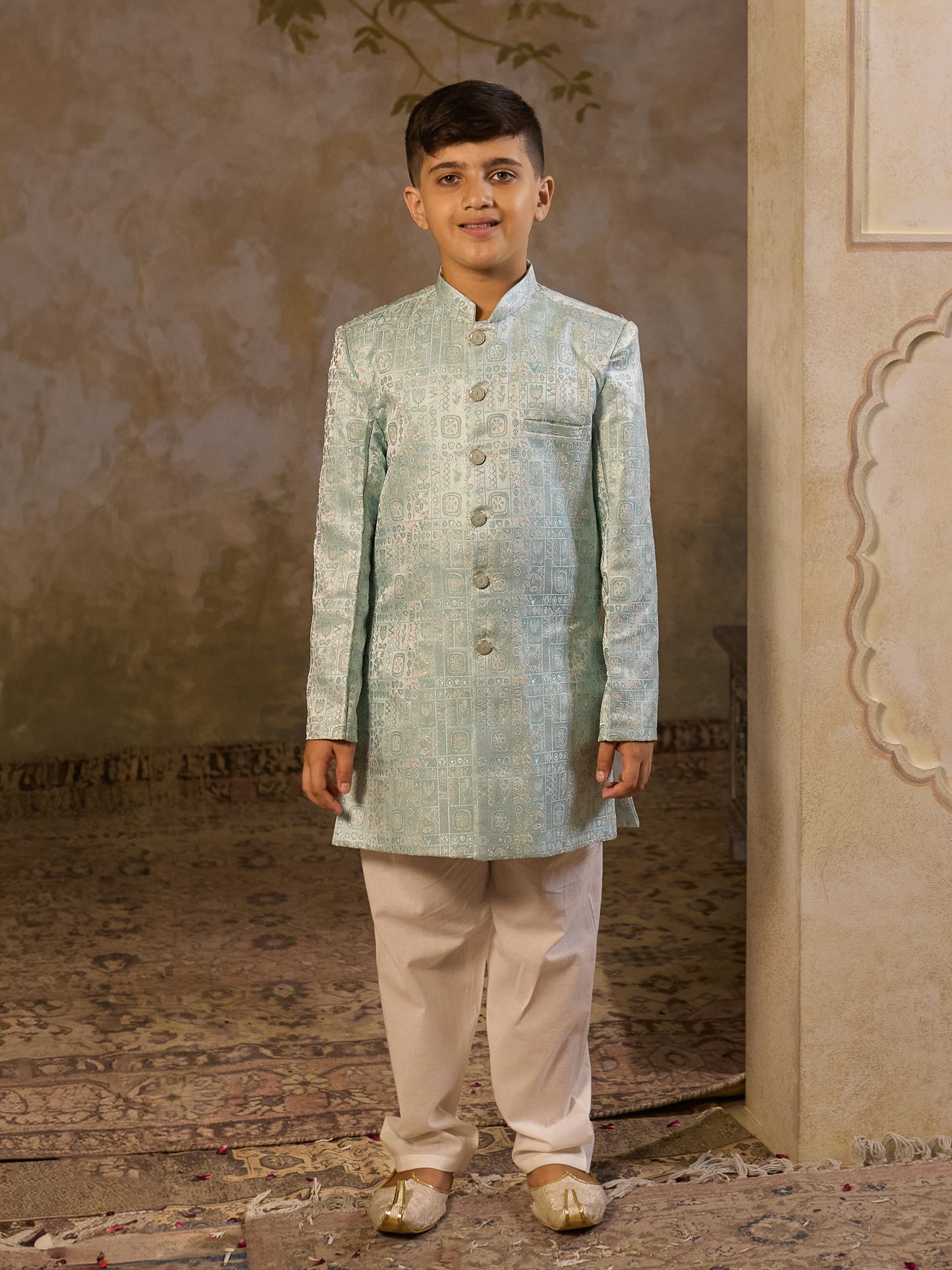 Sky Blue Jacquard Full Sleeves Sherwani with Rich Floral Embroidery for boys