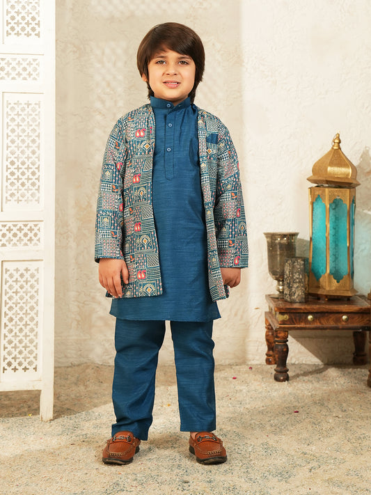 Dark Blue Printed Silk Blend Sherwani For Boys