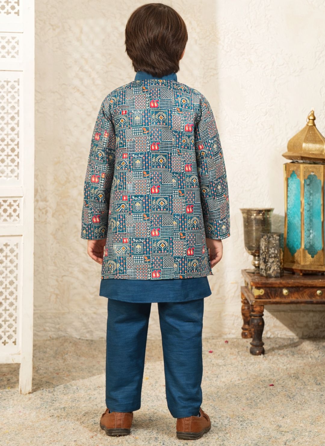 Dark Blue Printed Silk Blend Sherwani For Boys