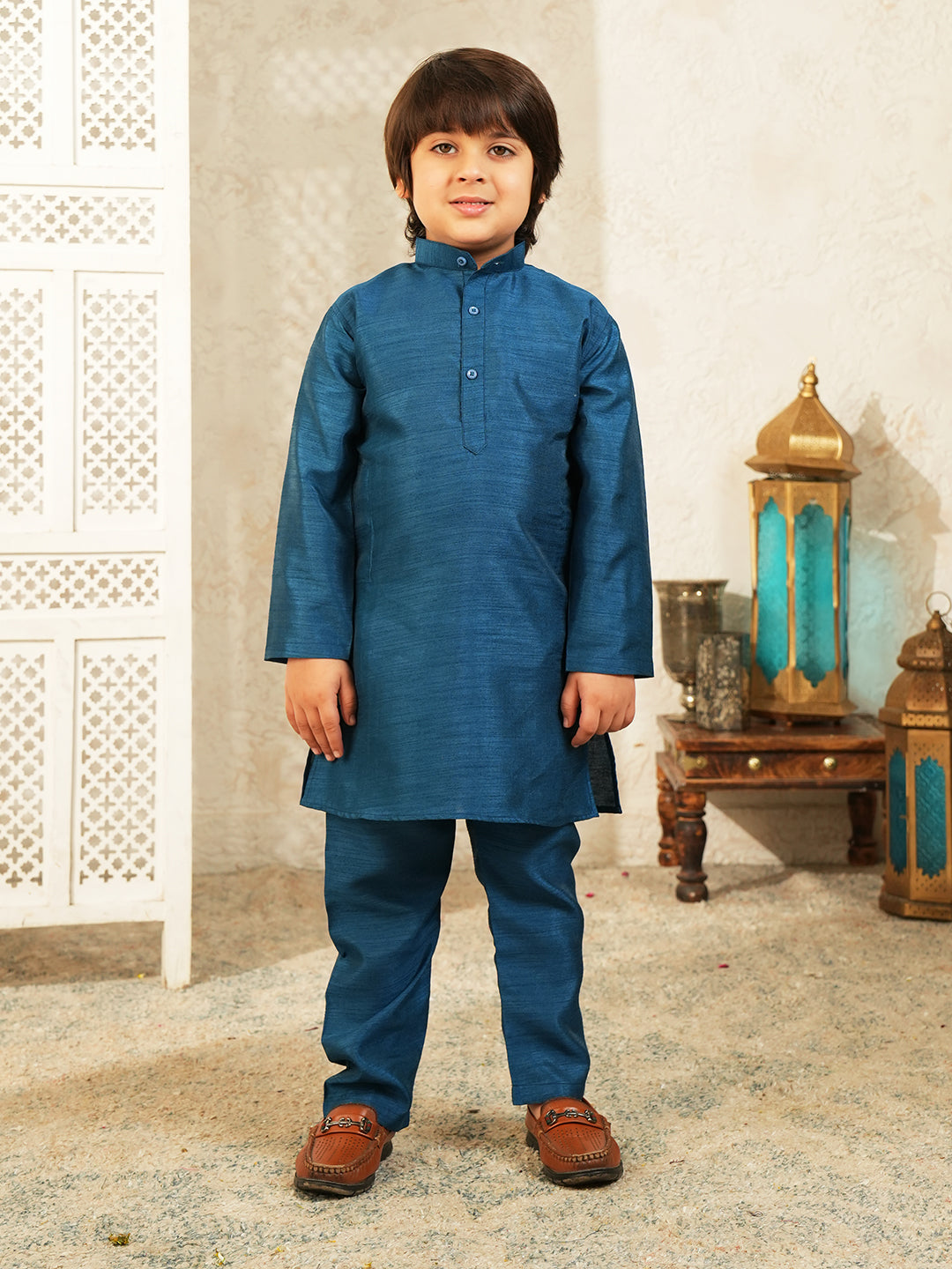 Dark Blue Printed Silk Blend Sherwani For Boys
